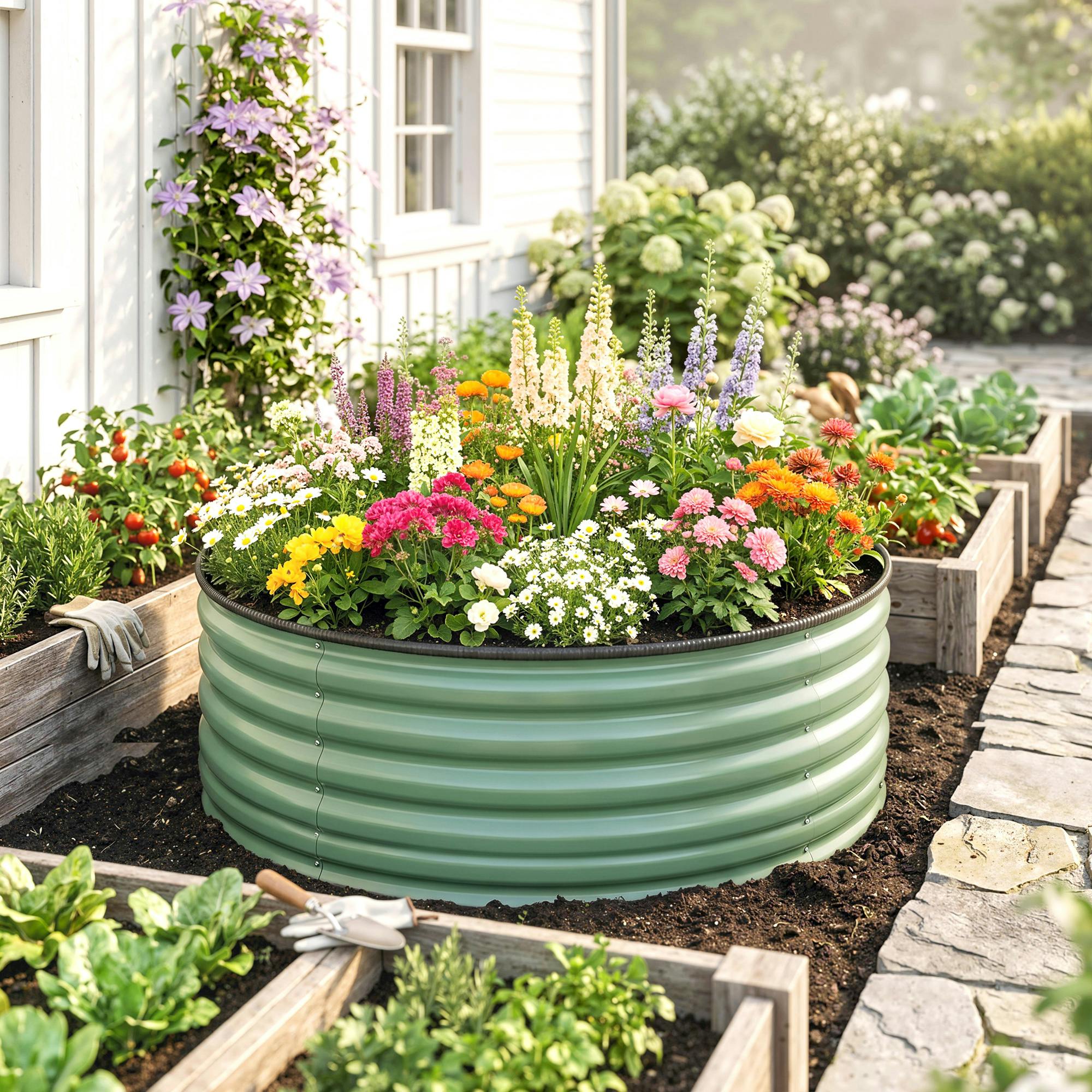 Rackhams Dark/Grey/Light Galvanised Planter With Gloves, 120 X 120 X 43Cm, - Green