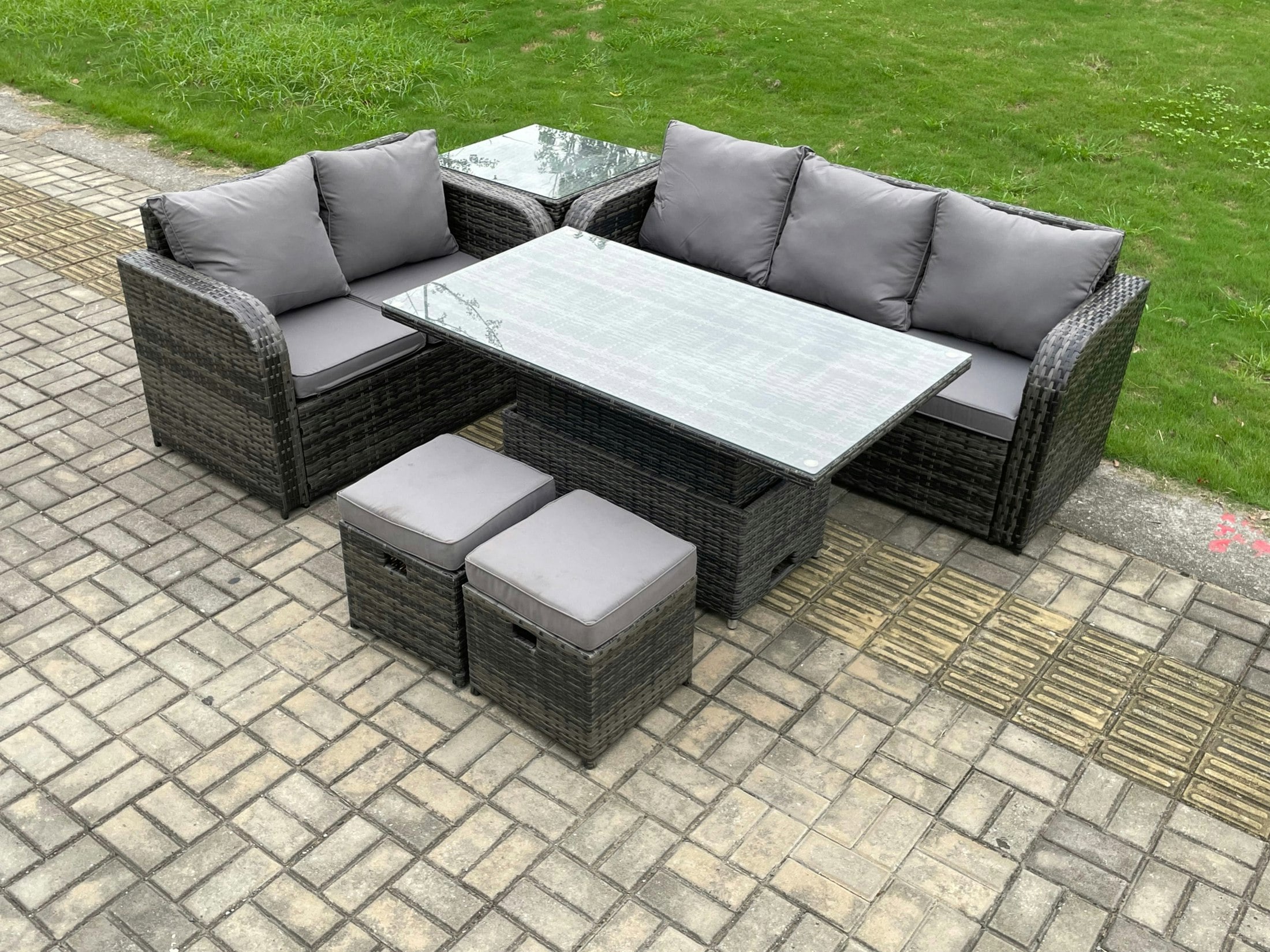 Fimous Dark/Grey Outdoor Rattan Garden Furniture Set - Mixed Height Adjustable Rising Lifting Dining Table Lounge Sofa Set