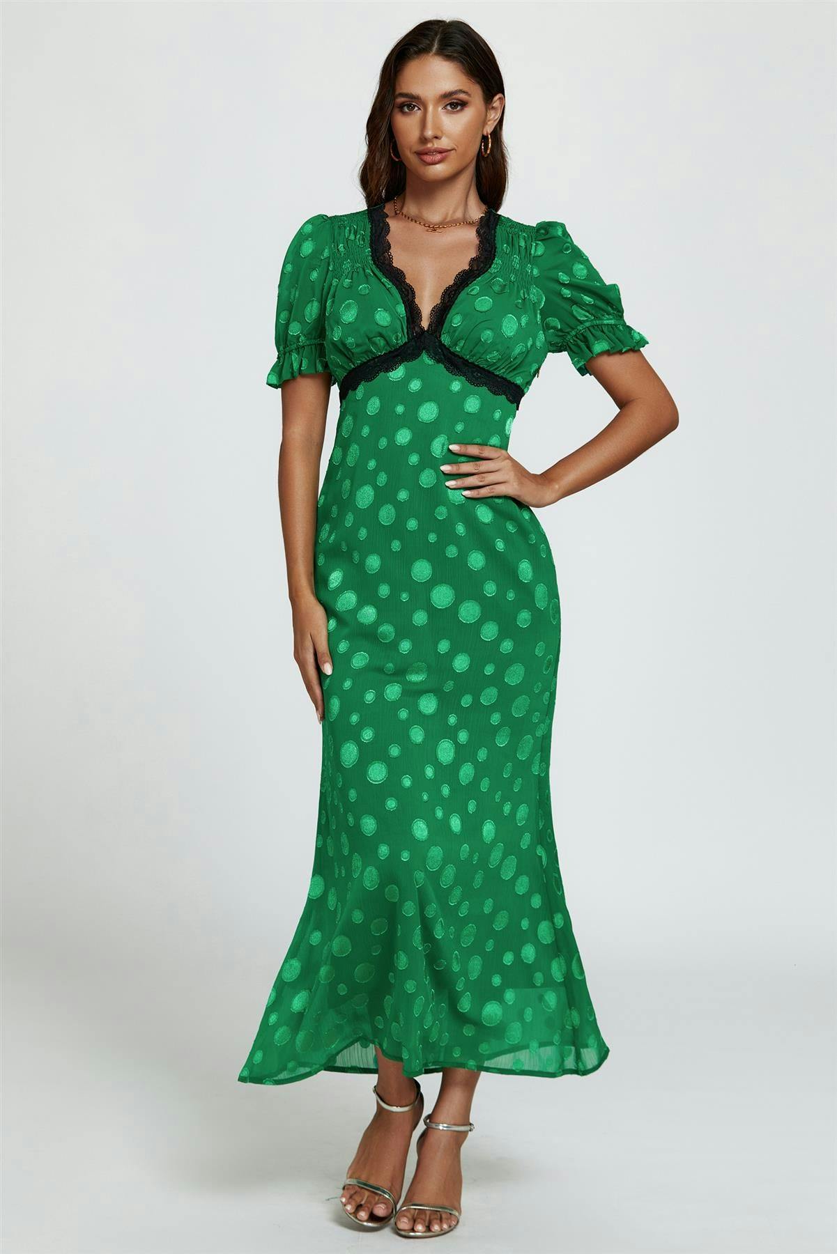 Fs Collection Green Polka Dot Jacquard Lace Trim Midi Dress In - L