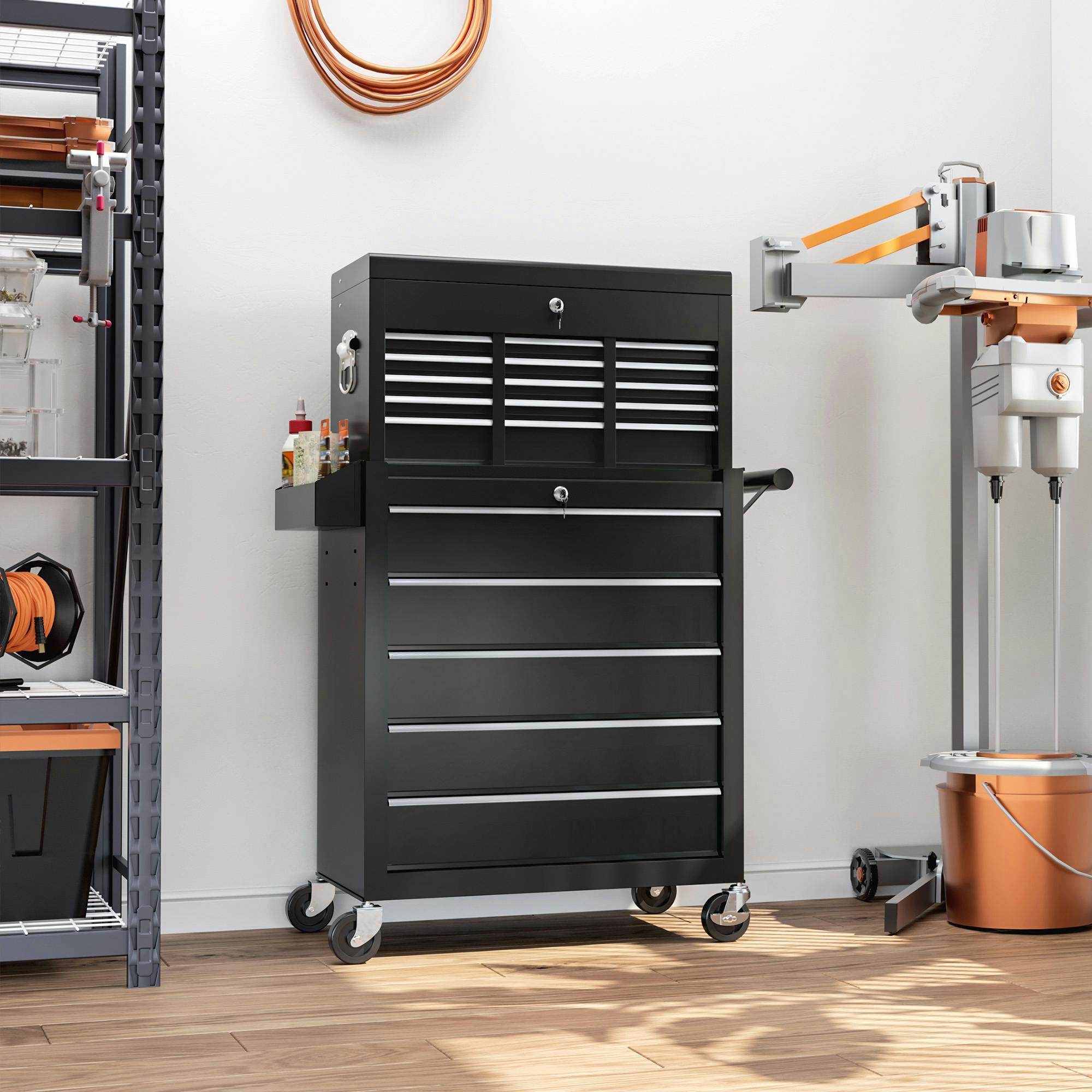 Rackhams Black Rolling Tool Chest Lockable Roller Cabinet With With 14 Drawers