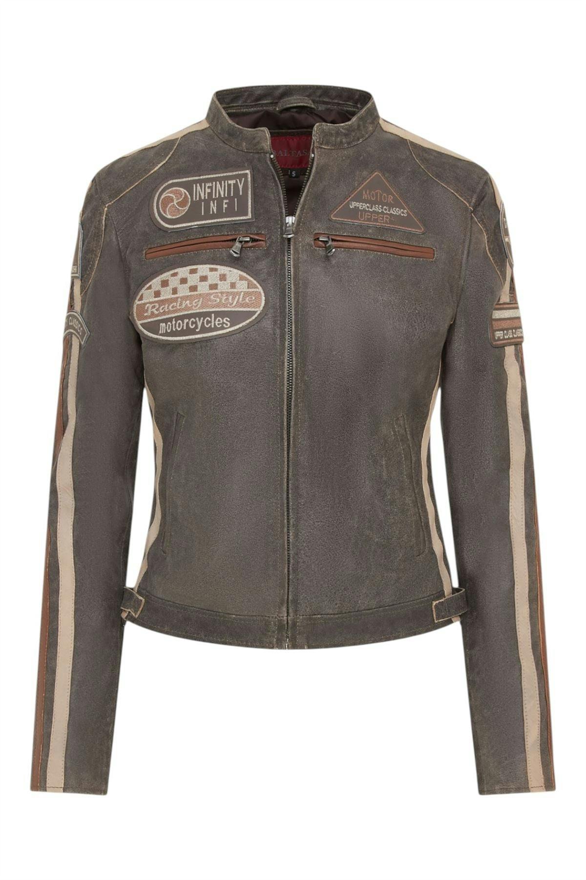 Infinity Leather Women's Leather Biker Racing Badges Jacket-Agadir - Vintage Tan - Uk 4XL/22 | Eu 48 | Us 18