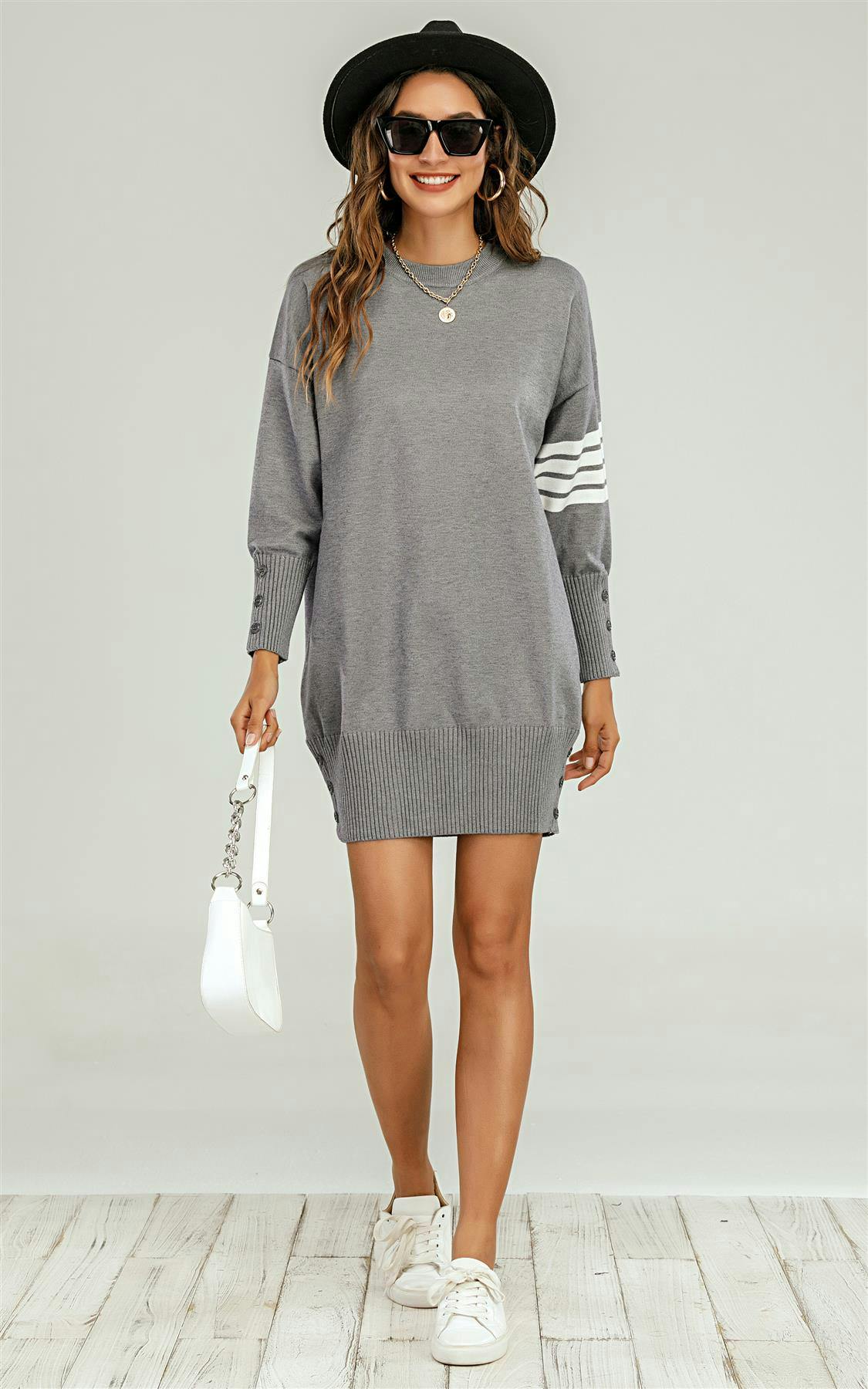 Fs Collection White/Grey Knitted Tunic Jumper Dress With Stripe In - Onesize