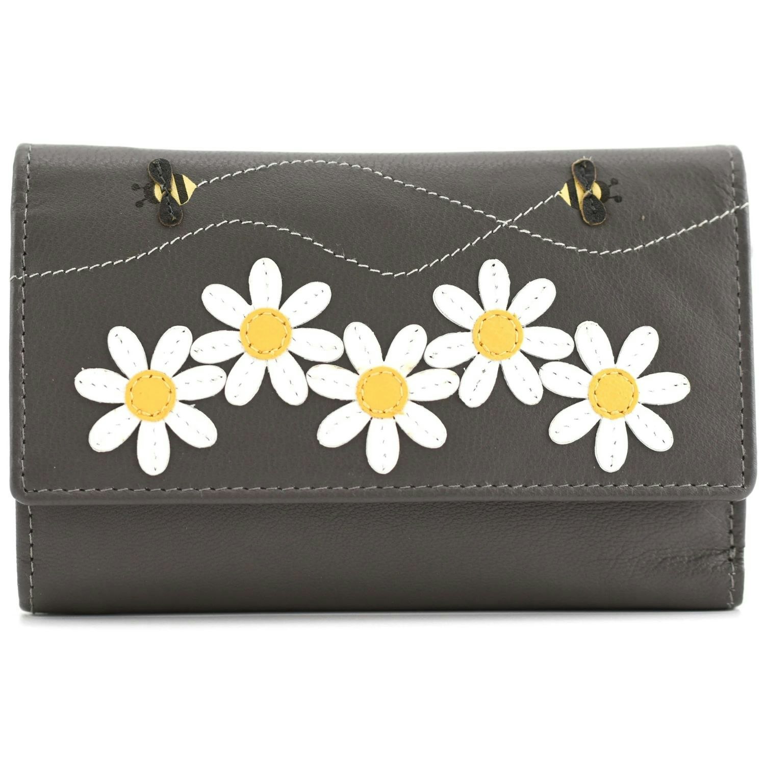 Mala Leather Grey Calista Bee And Daisies Tri-Fold Rfid Leather Purse