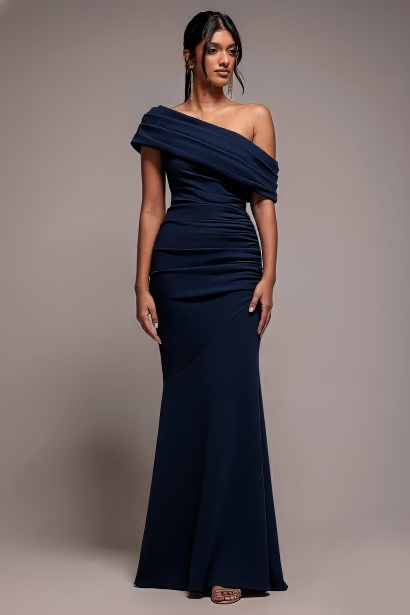 Goddiva Blue Pleated One Shoulder Bardot Fit And Flare Maxi Dress - Navy By - Navy - 12