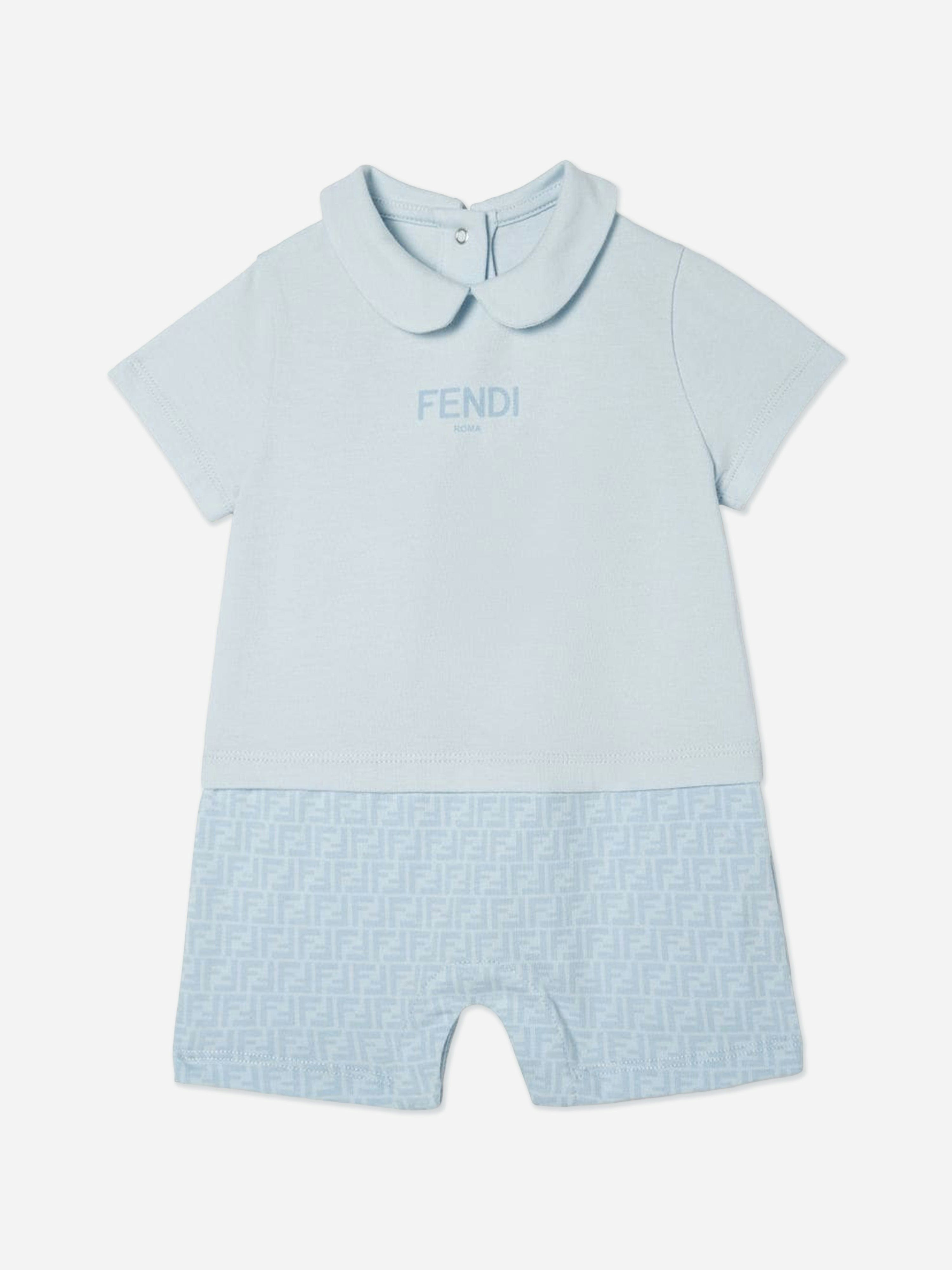 Fendi Kids Boys Blue Fendi Baby Logo Romper In - 9 Mths