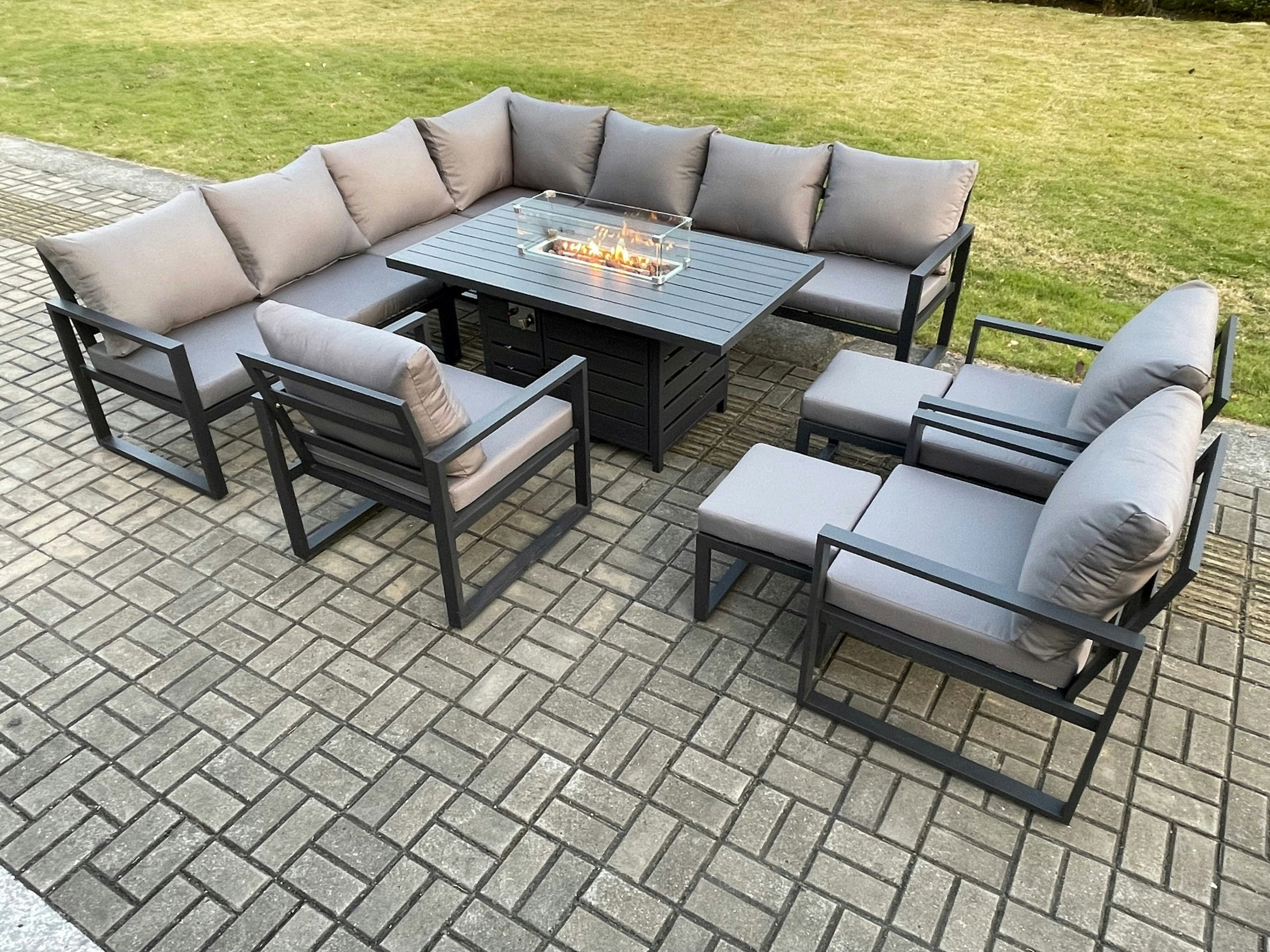 Rackhams Dark/Grey Aluminium 12 Seater Garden Furniture Outdoor Set Patio Lounge Sofa Gas Fire Pit Dining Table Set With 3 Chairs 2 Small Footstools