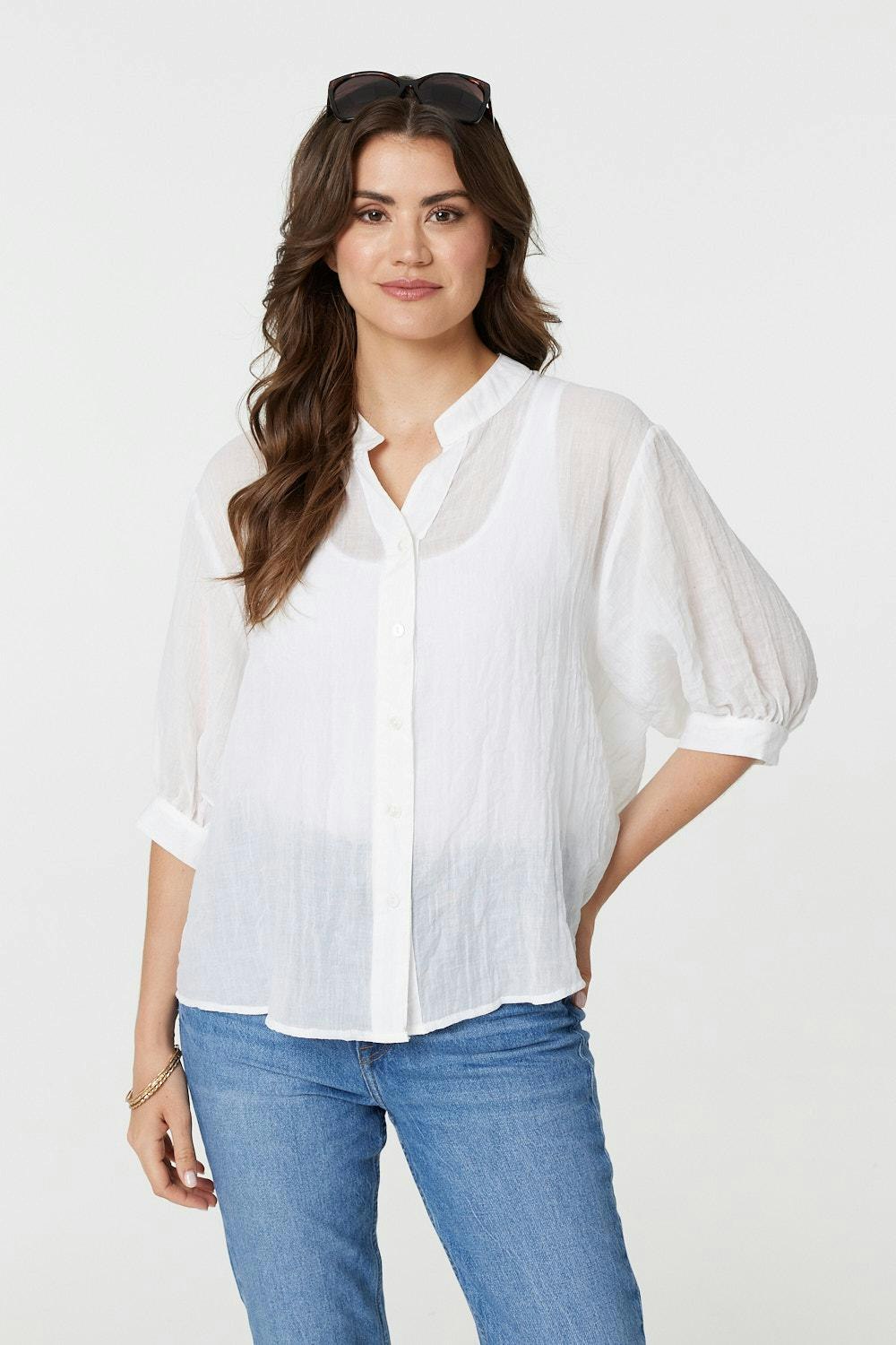 Izabel London White Collarless Button Back 3/4 Sleeve Blouse - 8