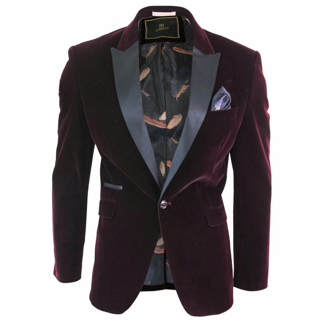 House Of Cavani Men's Black/Burgundy Rosa - Soft Velvet Navy 1 Button Dinner Jacket Tuxedo Blazer Fit - 52