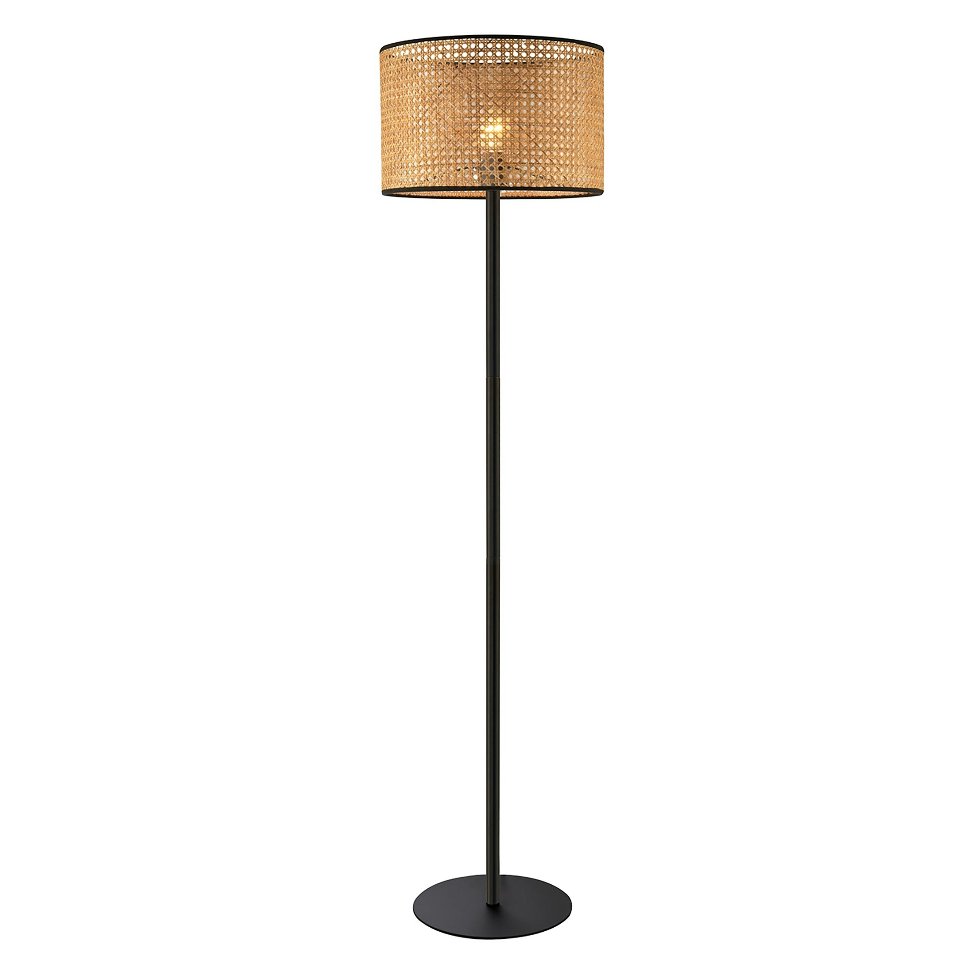 Happy Homewares Black Classic Standing Floor Lamp In Matte With Circular Rattan Shade
