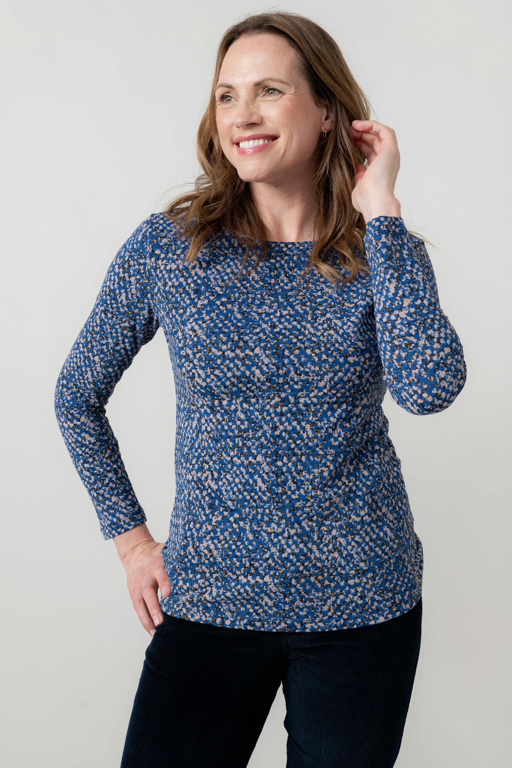 Lily & Me Cobalt Monica Ditsy Print Organic Cotton Top - 08