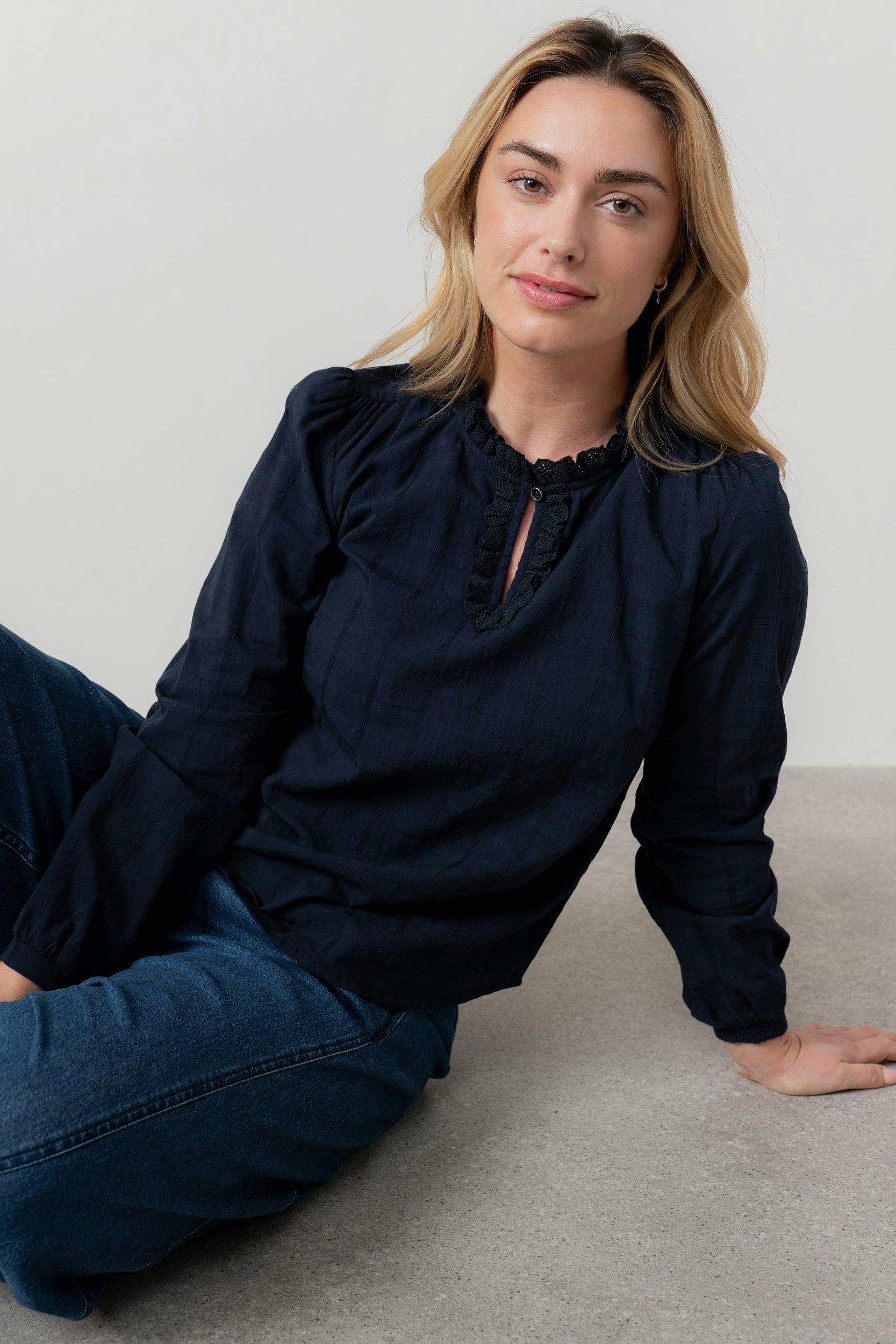 Lily & Me Emily Organic Cotton Check Keyhole Blouse Navy - Navy - 20