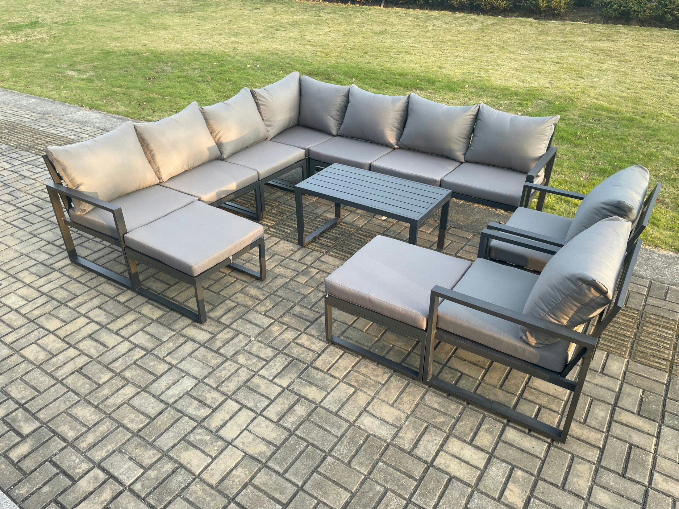 Fimous Dark/Grey Aluminium Outdoor Garden Furniture Set Lounge Corner Sofa 2 Pcs Chair Oblong Coffee Table Sets With 2 Big Footstools