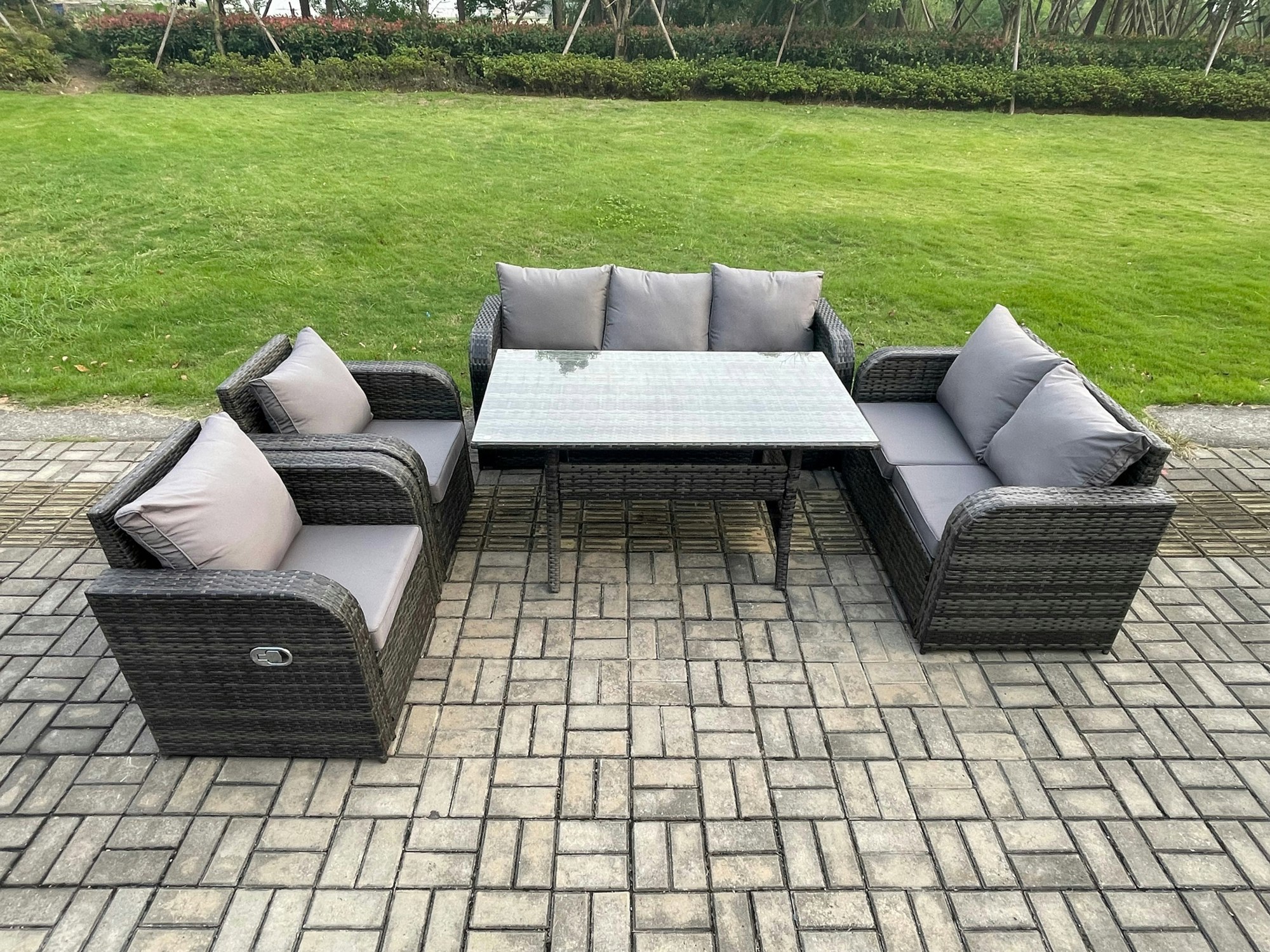 Rackhams Dark/Grey 7 Seater Lounge Rattan Sofa Set Outdoor Garden Furniture Oblong Rectangular Dining Table With Adjustable Chair Love Sofa Mixed