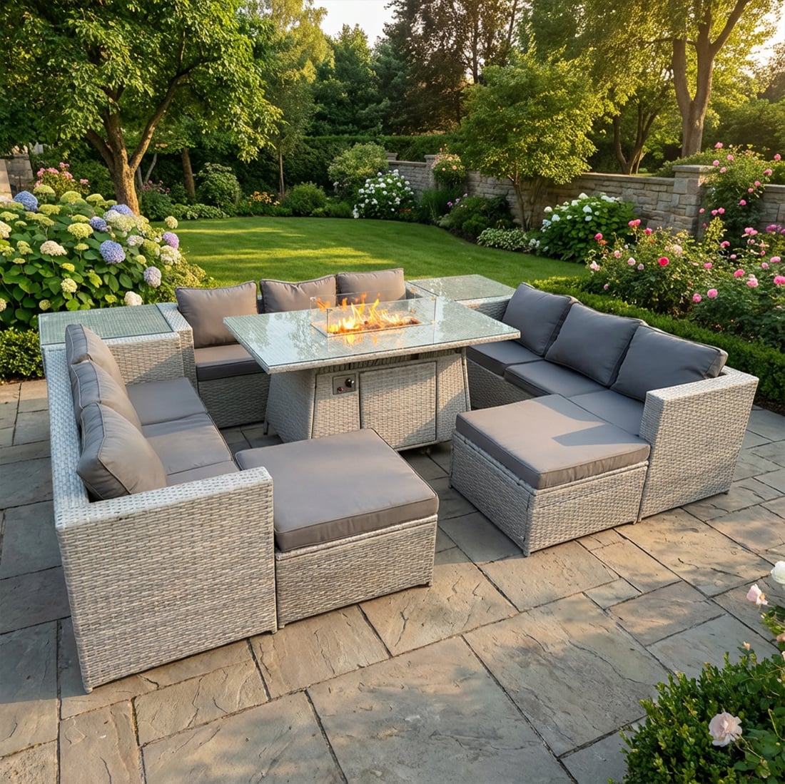 Rackhams Light/Grey 11 Seater Rattan Outdoor Garden Furniture Set With Gas Fire Pit Dining Table, 3 Sofas, 2 Side Tables, 2 Large Footstools