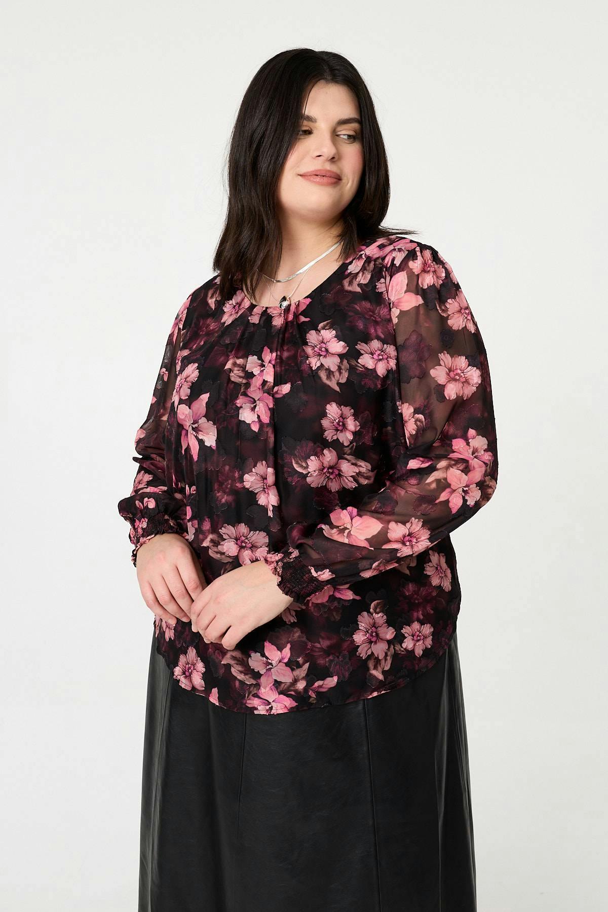 Izabel London Pink Curve Floral Long Sleeve Layered Blouse - 24