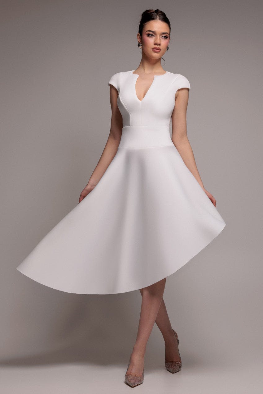Goddiva Cream Cap Sleeve Skater High Low Midi Dress - By - 18