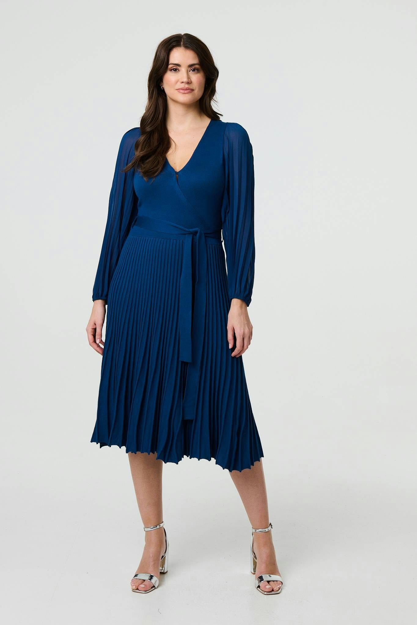 Izabel London Light Semi Sheer Pleated Knee Length Dress - Teal - 8