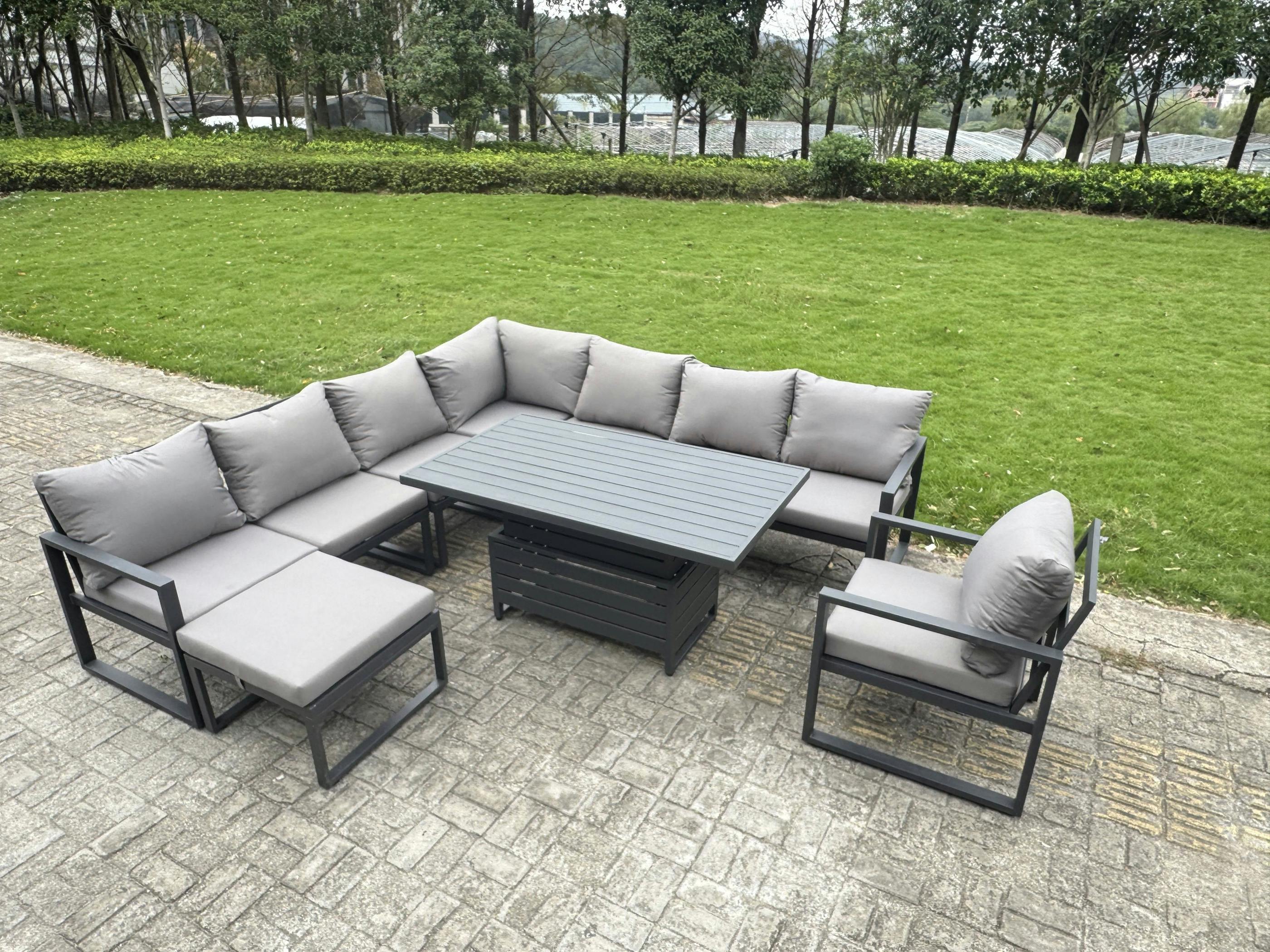 Rackhams Dark/Grey 9 Seater Aluminium Sofa Garden Furniture Set With Rising Dining Table, Chair, Footstool