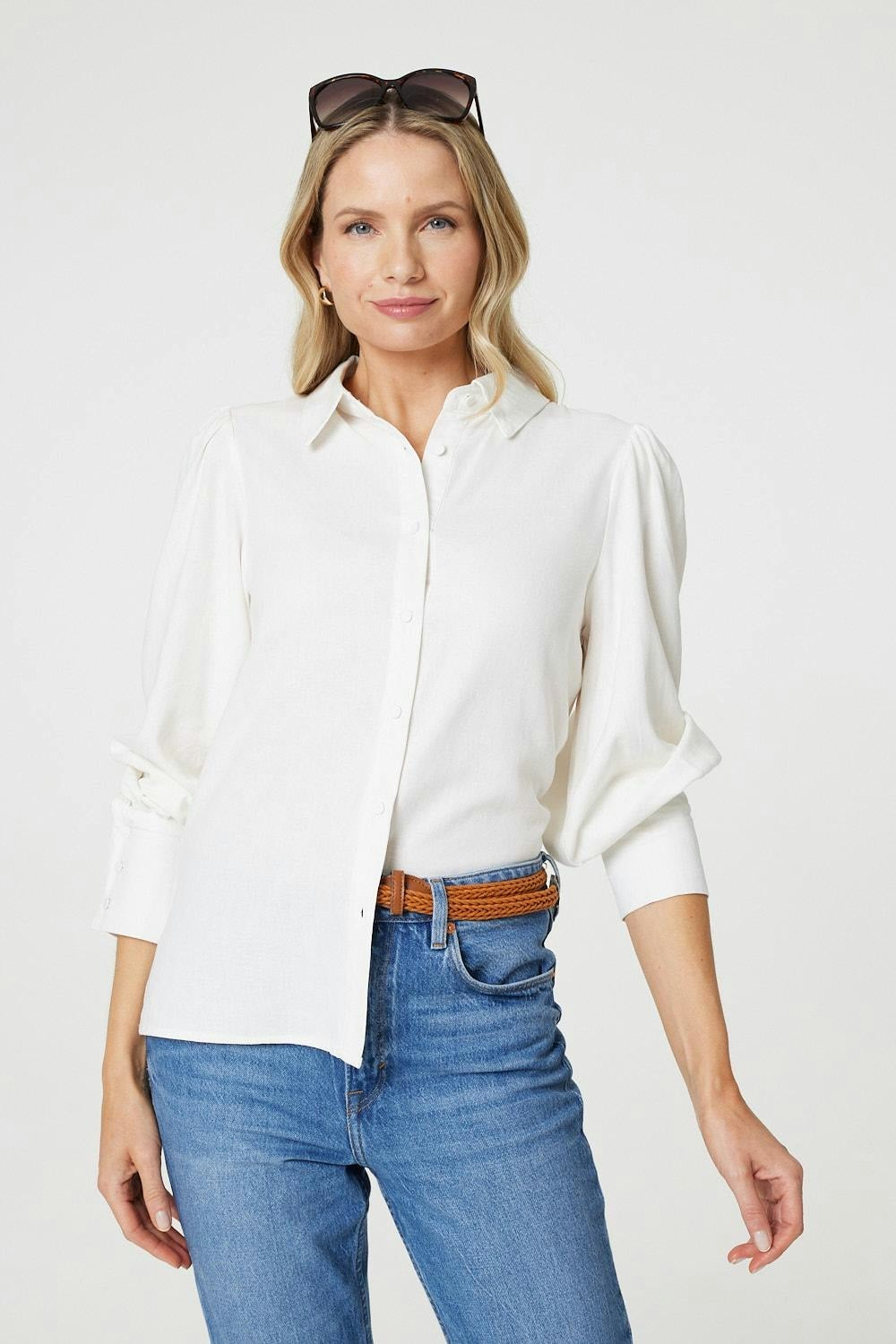 Izabel London White Plain Puff Sleeve Button-Up Shirt - 14