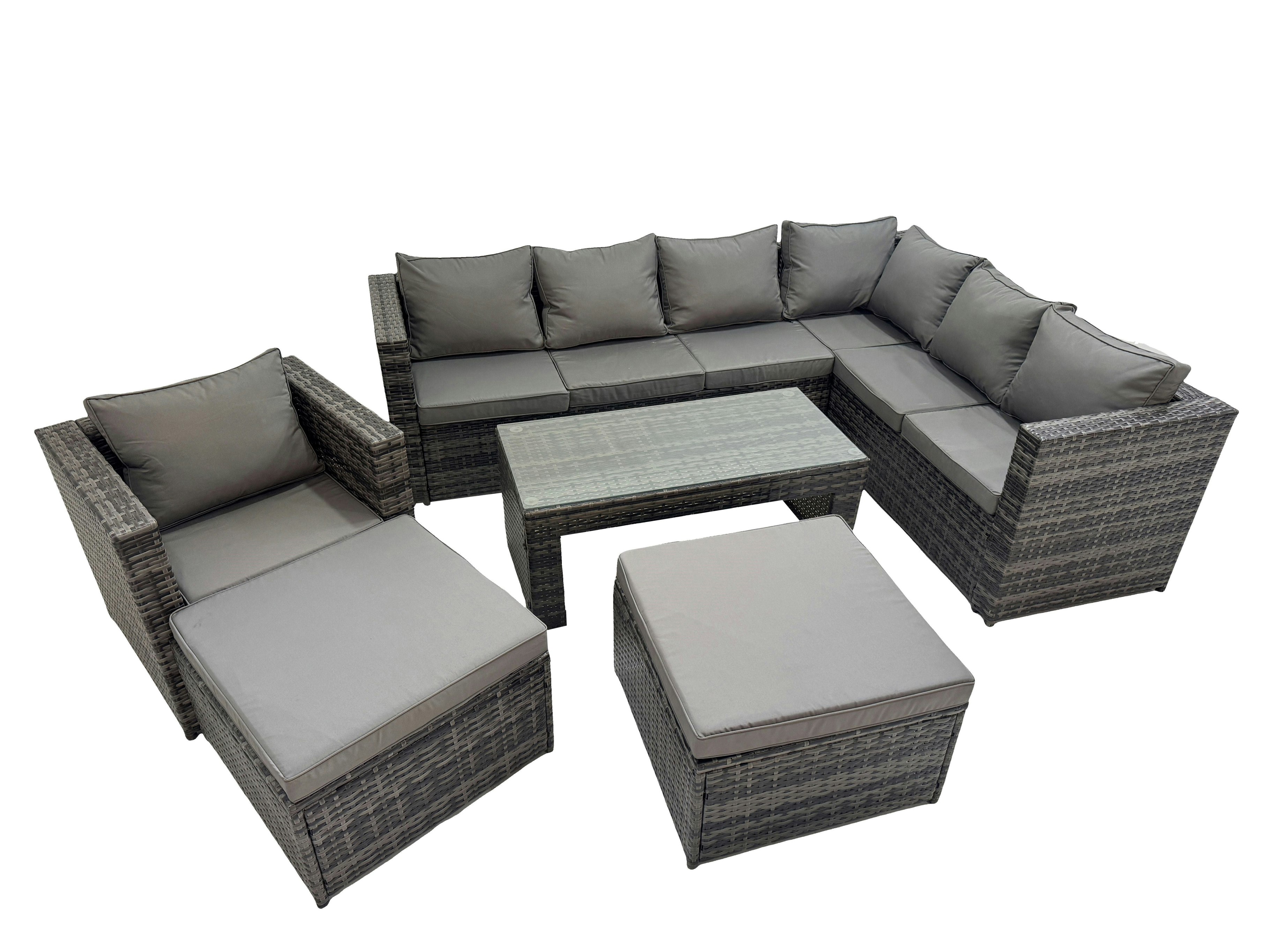 Fimous Dark/Grey Outdoor Rattan Oblong Coffee Table Corner Sofa Sets Garden Furniture Sets With Chair 2 Big Stools Mixed