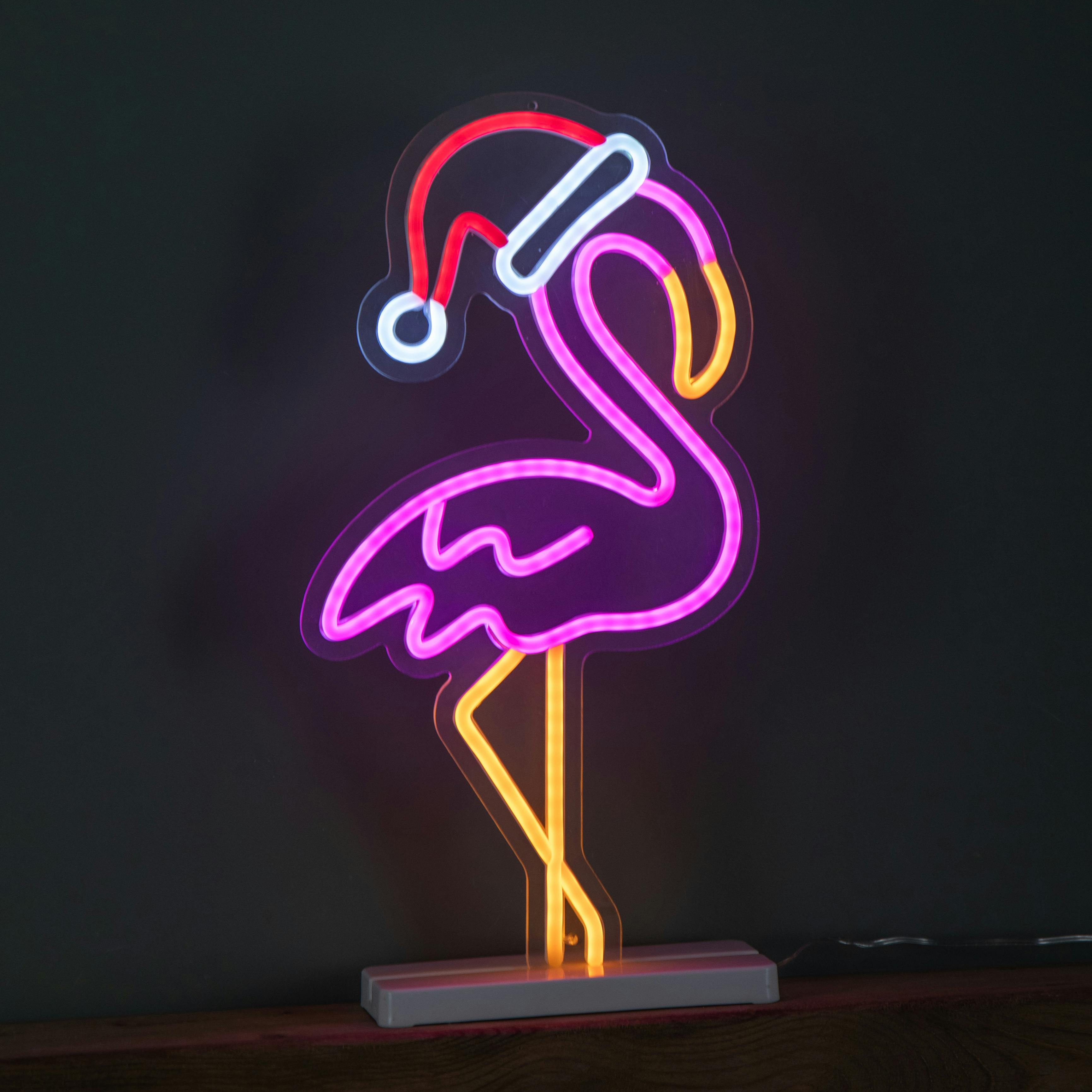 Rackhams Light 43Cm Up Neon Effect Flamingo With Santa Hat On Base With Multi-Coloured Leds