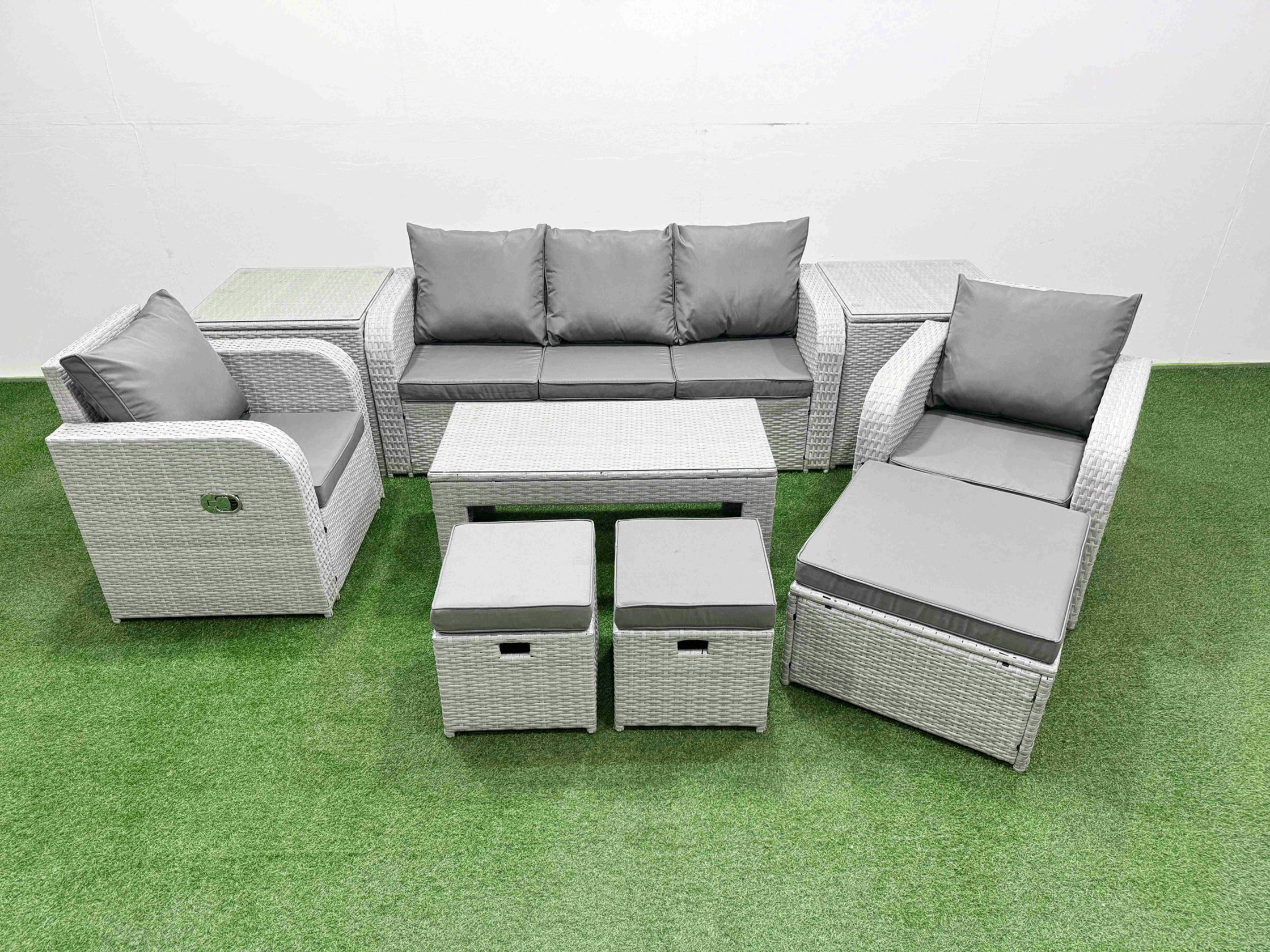 Fimous Light/Grey Pe Rattan Garden Furniture Set Reclining Chair Sofa Lounge Sofa Set Rectangular Coffee Table 2 Side Table 3 Stools