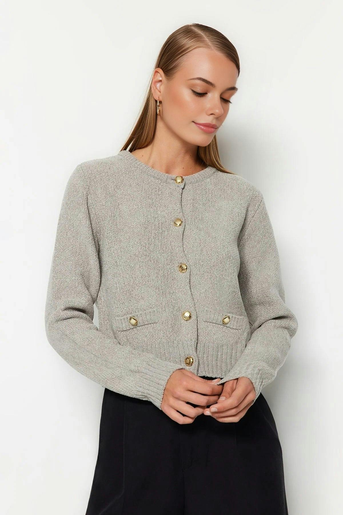 Wovcor Grey Knit Cardigan With Pocket Detail - L