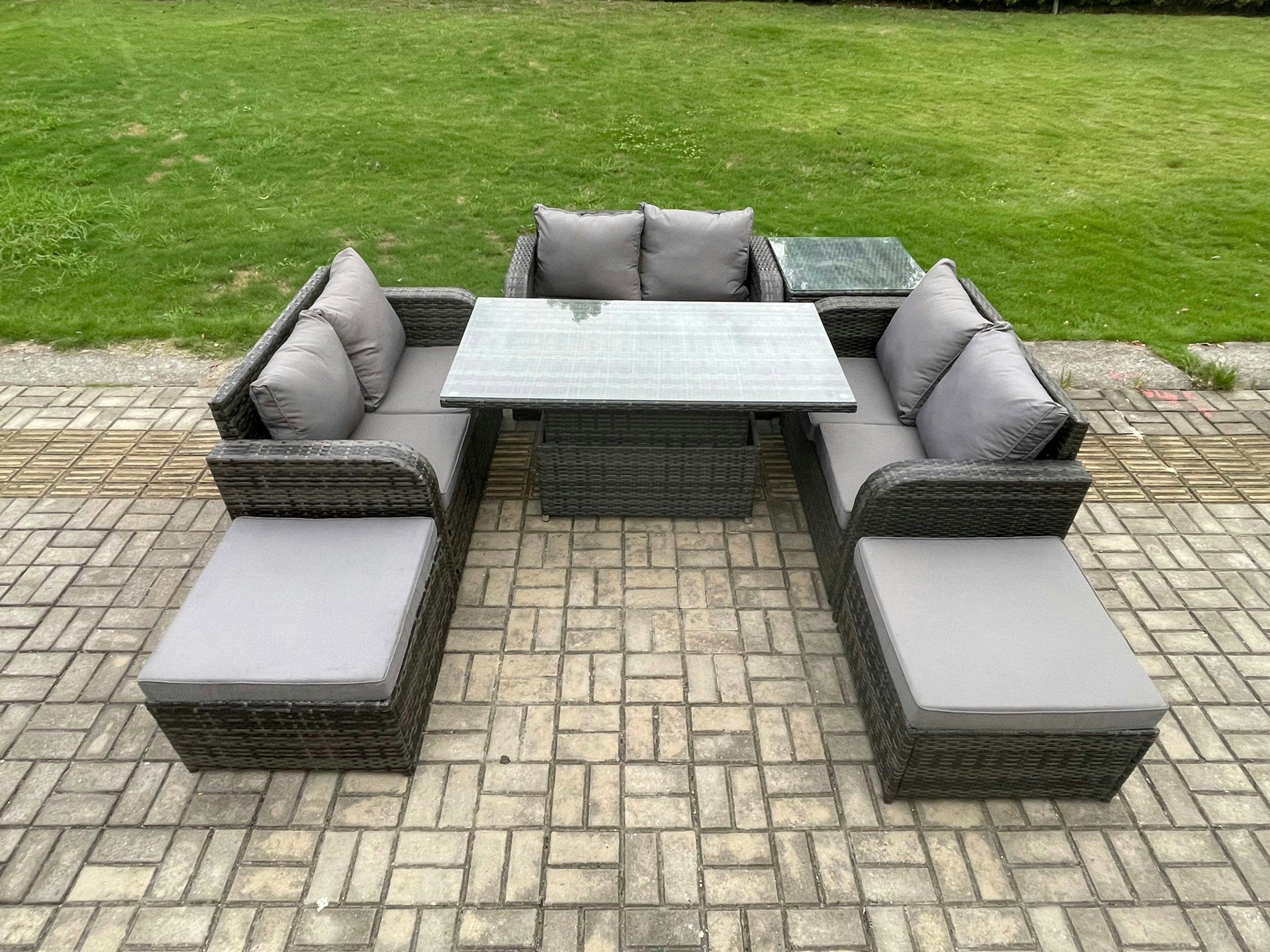 Rackhams Rattan Garden Outdoor Furniture 3 Pc Love Sofa Set Patio Adjustable Rising Lifting Dining Table With Side Table 2 Big Footstool