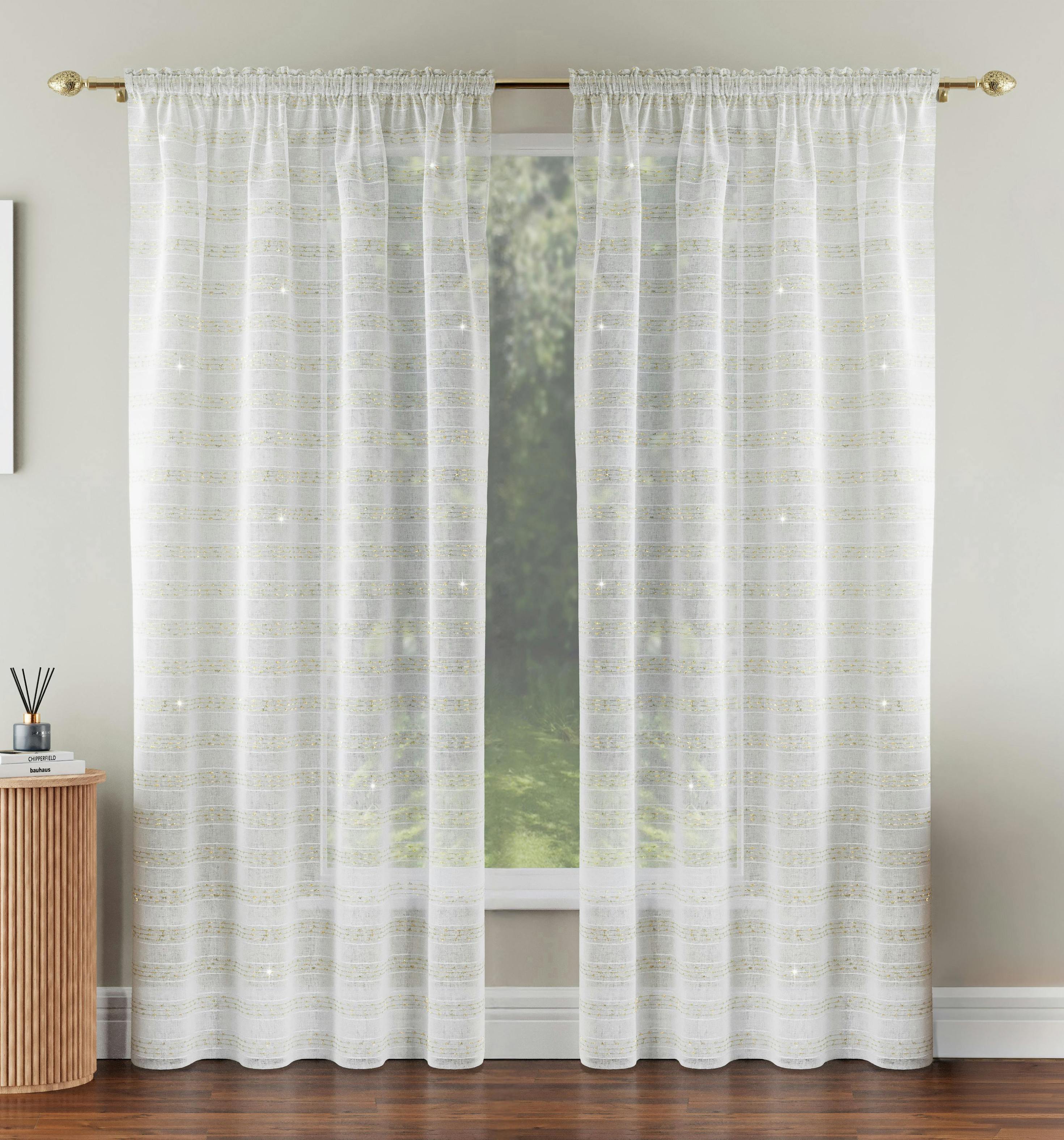 Tyrone Textiles Gold Lima' Metallic Lurex Stripe Voile Panels Pair With Rod Pocket Header - 55" (140Cm) Width X 54" (137Cm) Drop