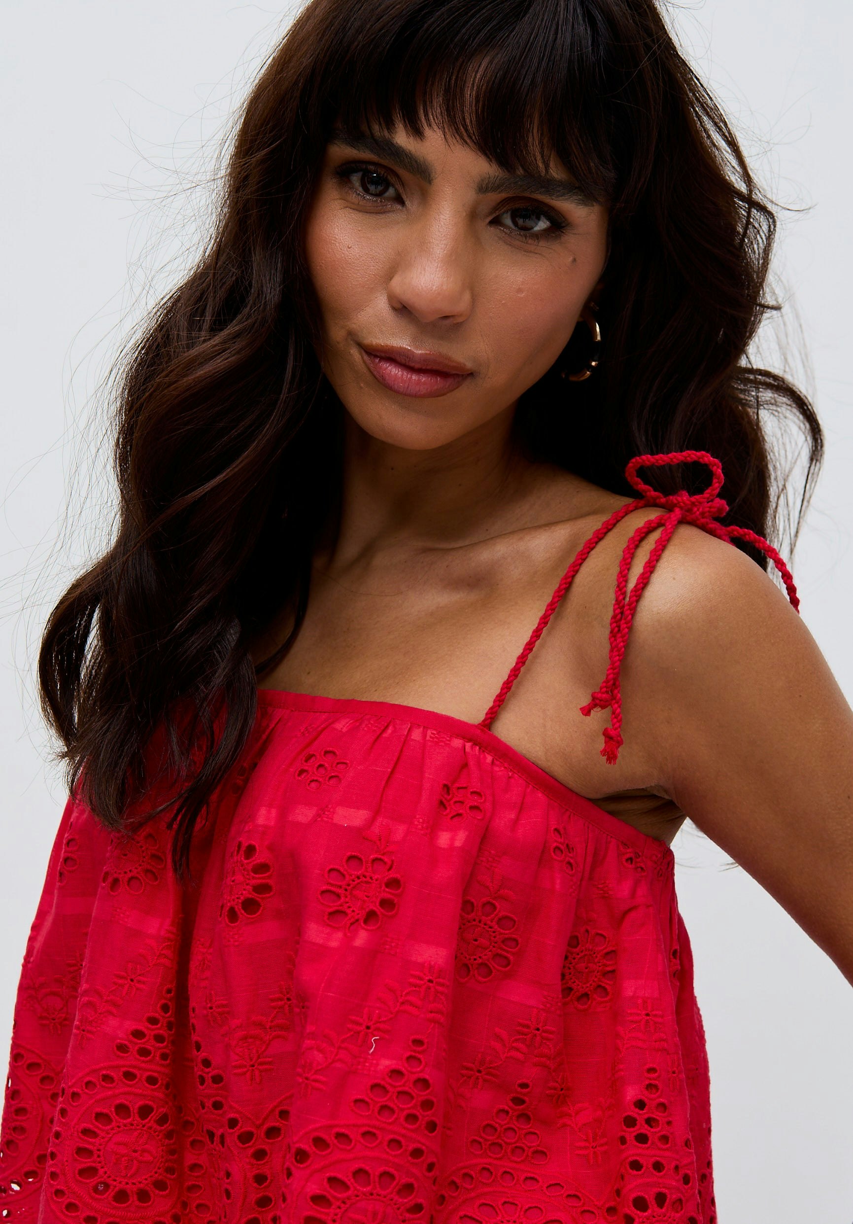 Raffya Red Rufa Smocked Waist Embroide Midi Cami In - 14