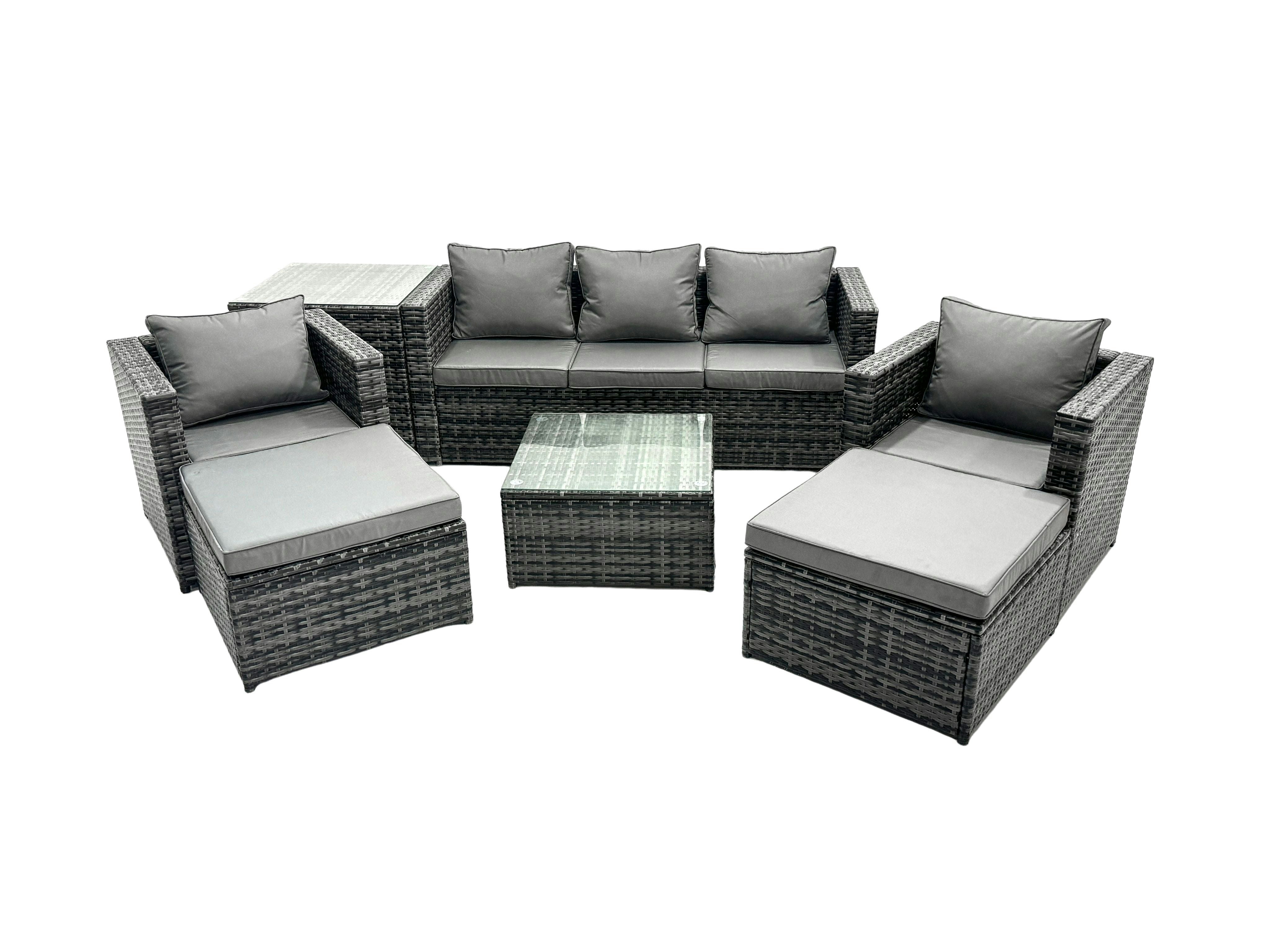 Rackhams Dark/Grey Outdoor Rattan Garden Furniture Set 7 Seater Patio Lounge Sofa Set With Armchair Square Coffee Table Side Table 2 Big Footstool Mixed