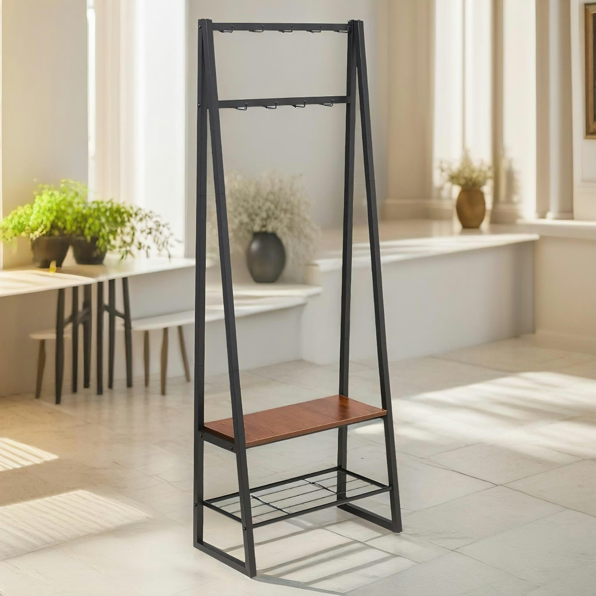 Rackhams Brown Industrial Hall Tree Coat Rack Stand With 2 Shoe Storage Shelves