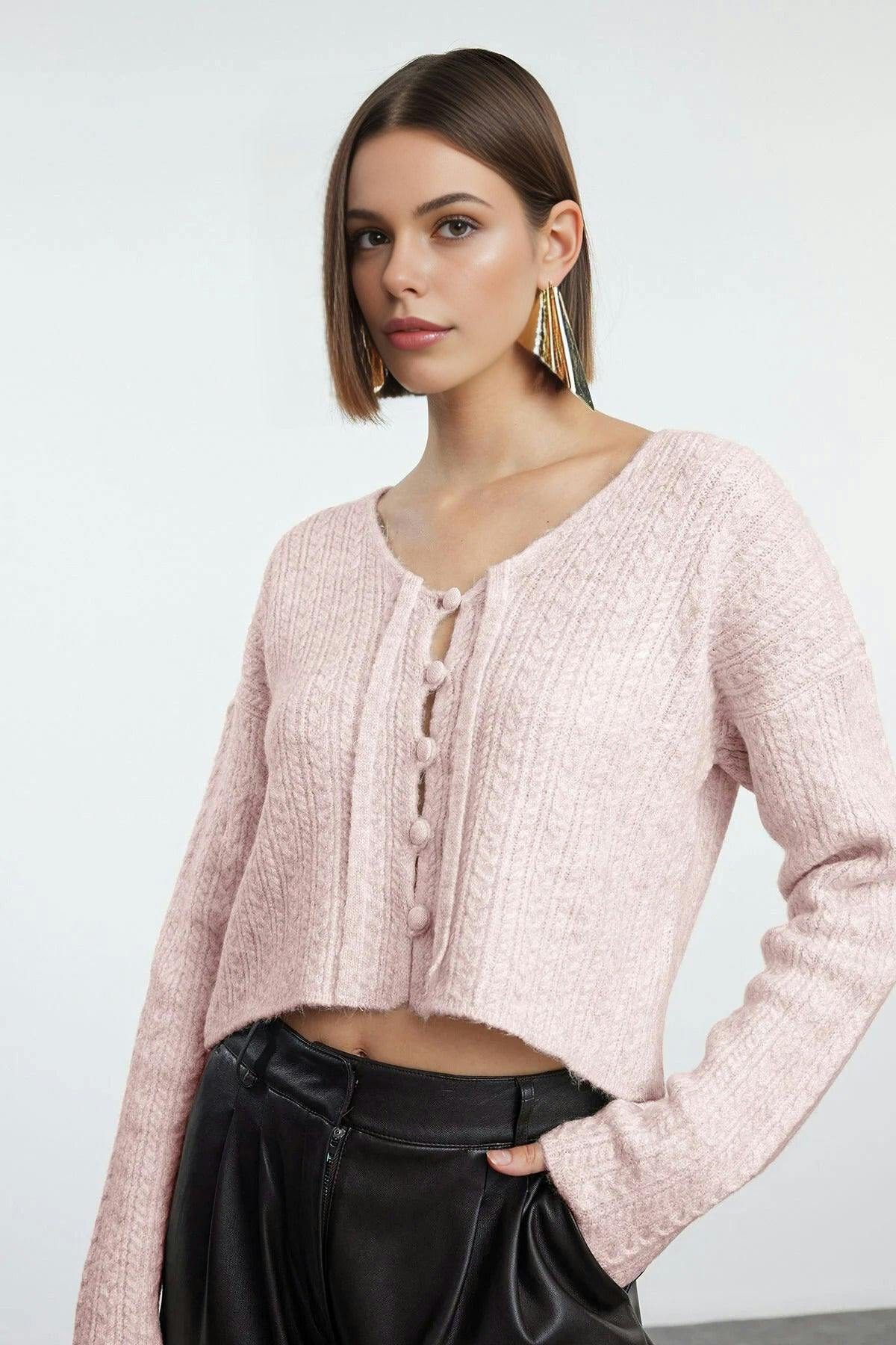 Wovcor Pink Crop Soft Textured Knit Cardigan With Button Detail - L