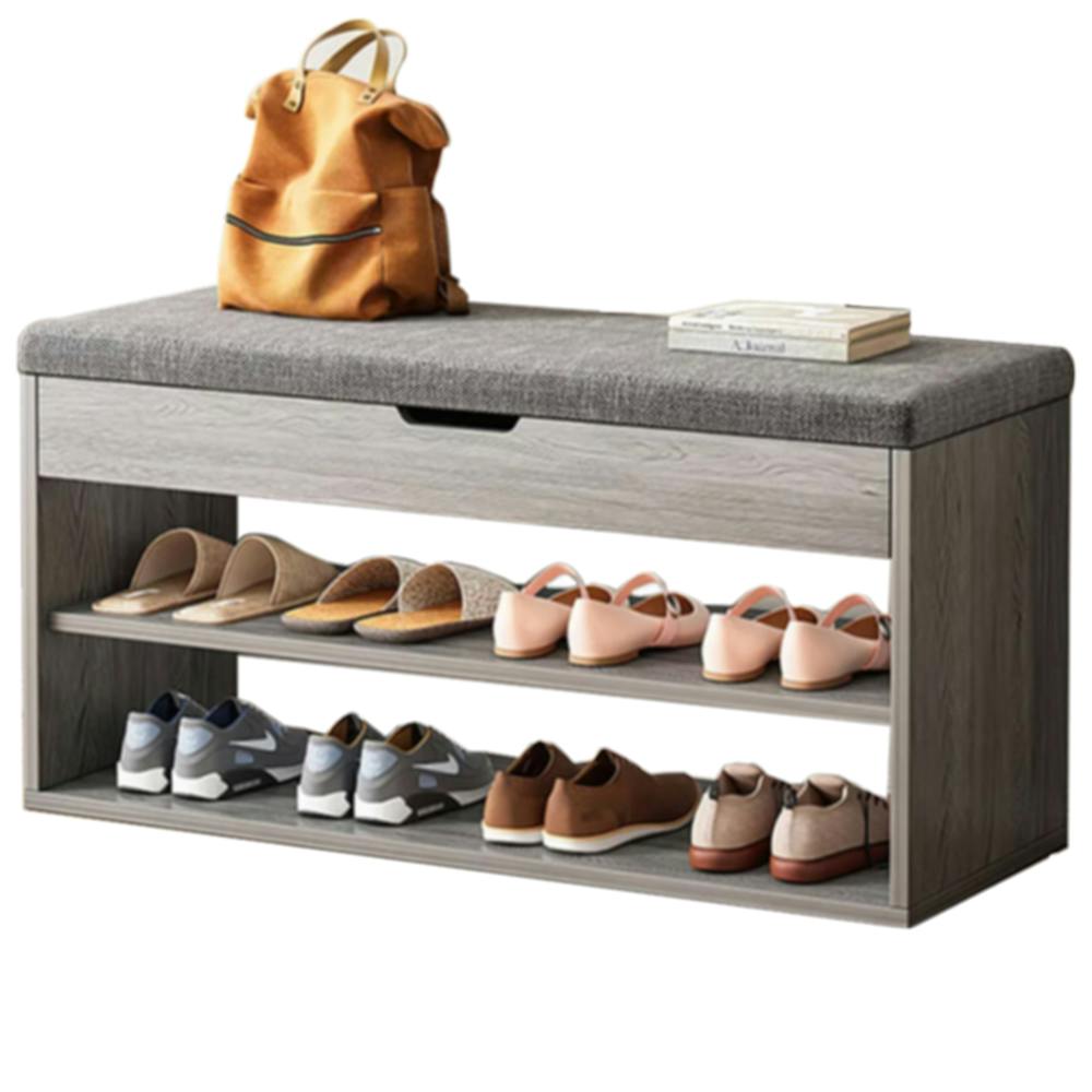 Rackhams Grey Shoe Bench With Padded Seat Cushion Wooden Shoe Storage Cabinet Organiser Rack - Wood