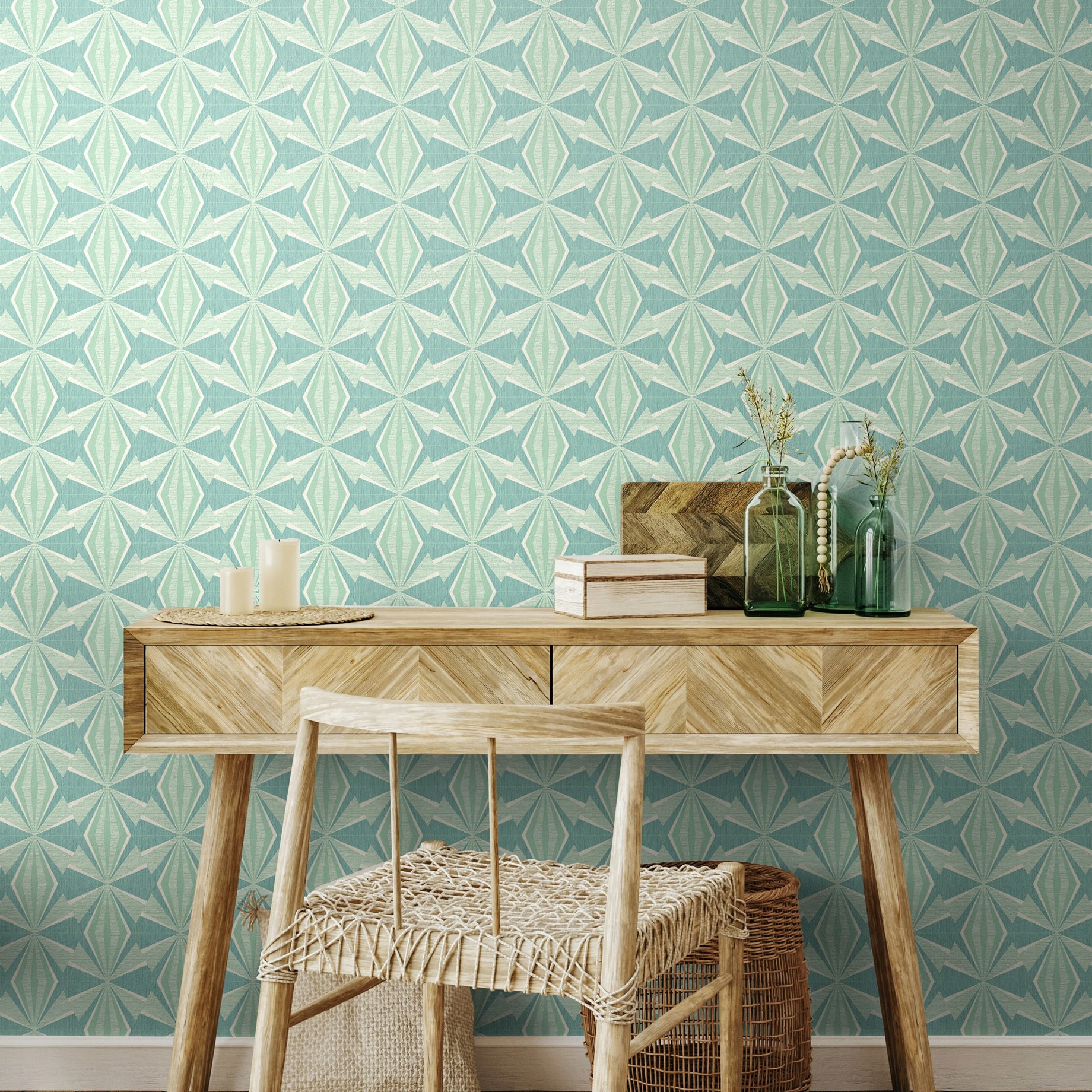 Hoopla Walls Blue Sunray Diamond - Teal 10M Wallpaper - Teal