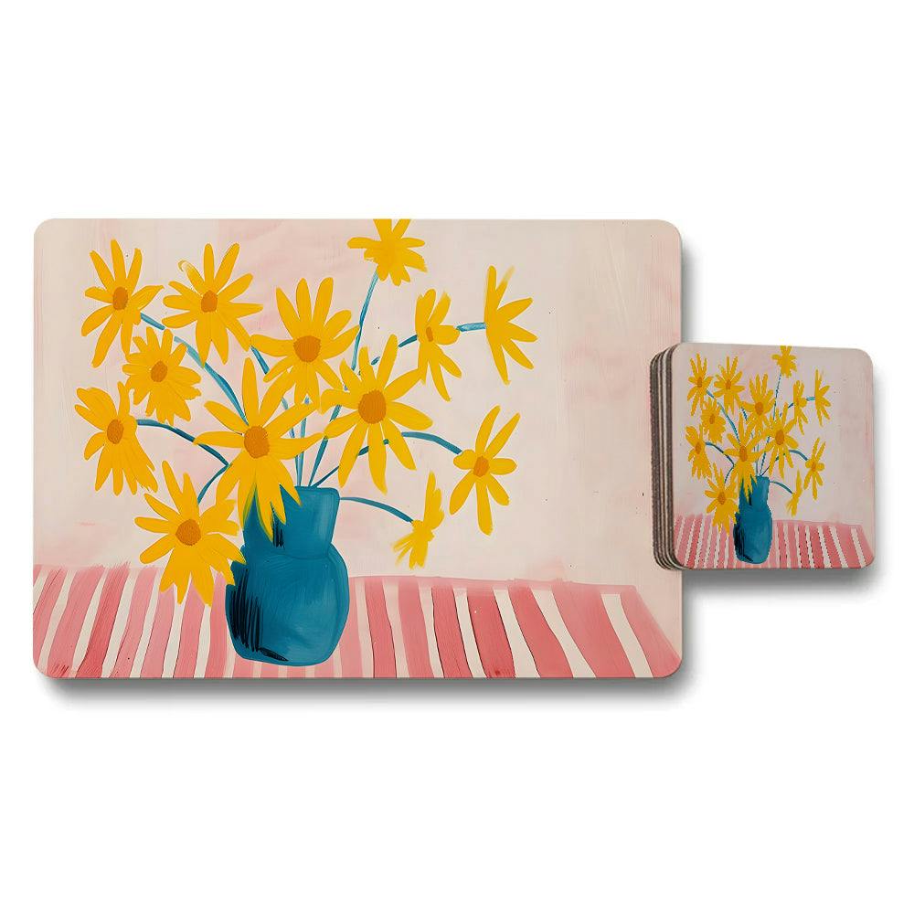 Benjamin Tate Design Yellow/Blue Daisy Floral Placemat And Coaster Set In Vase