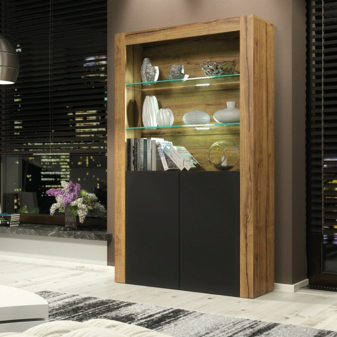 Rackhams Black Premium 170Cm Cabinet Sideboard Matt Doors Cupboard & Display Unit & Free Led Lights - 170Cm - Oak Matt Body & Matte Doors - 1