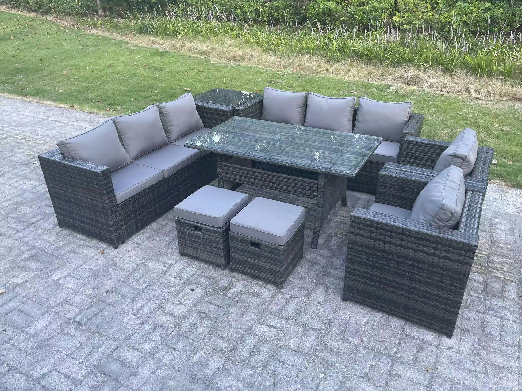 Fimous Dark/Grey 10-Seater Rattan Outdoor Lounge Set | Rectangular Dining Table, 2 Armchairs, 2 Footstools, Side Table