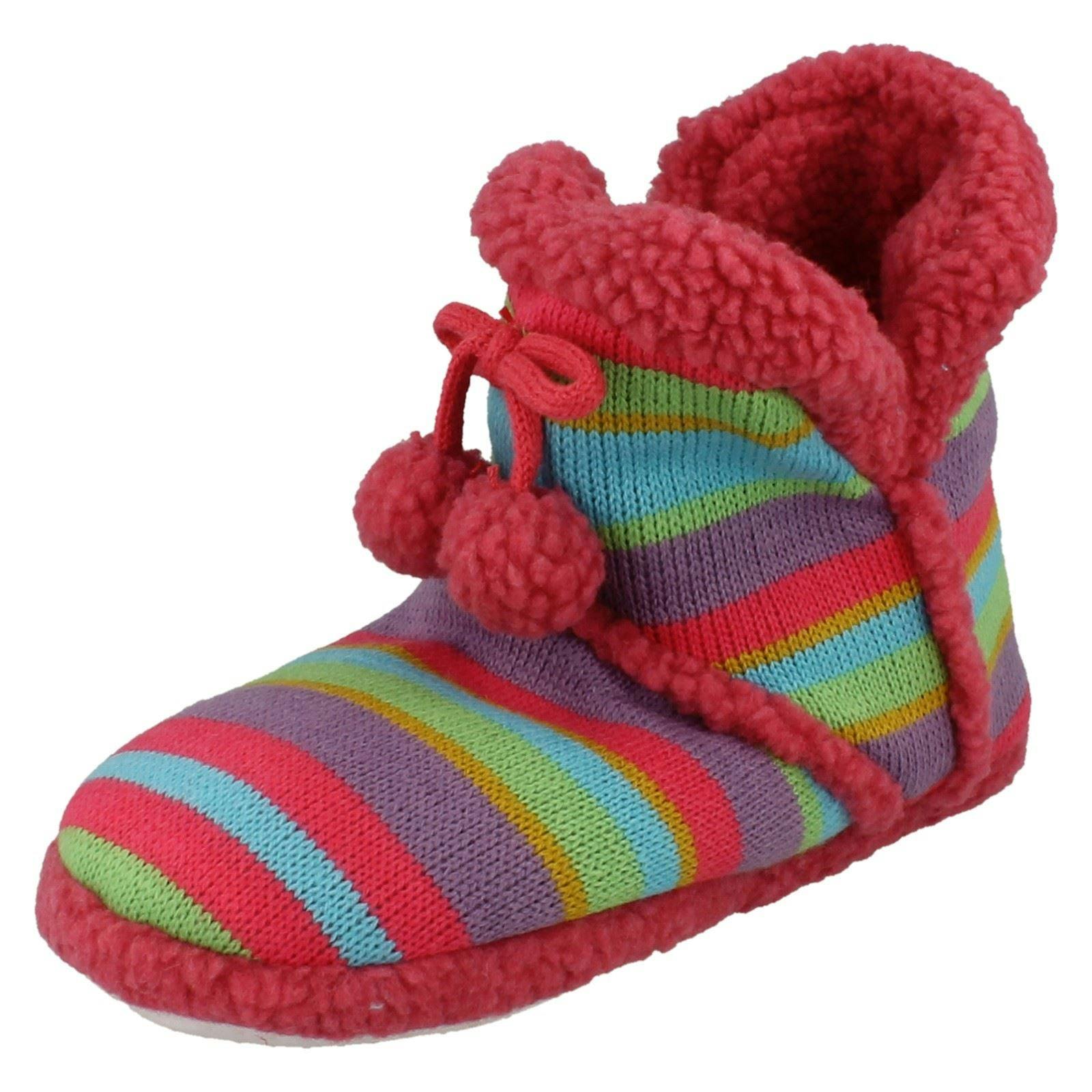 Spot On Girls Fuchsia Flat Pom Pom Detail Bootee Slipper - Multi - Uk 2/3 Child