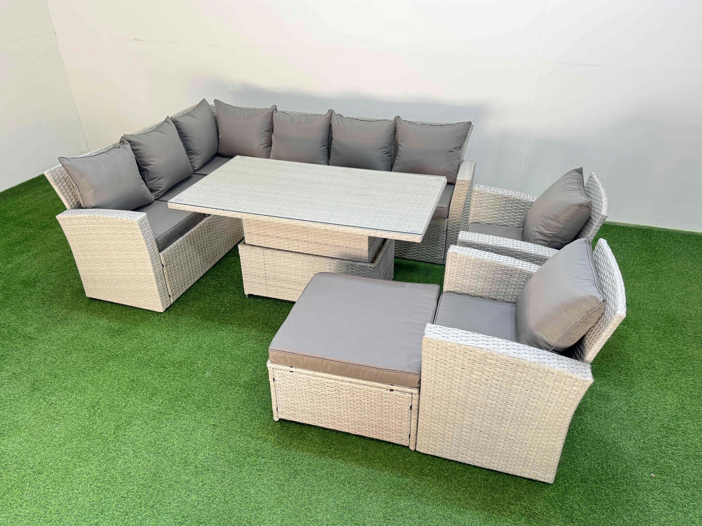 Rackhams Light/Grey 9 Seat Rattan Outdoor Garden Furniture Corner Sofa Set Adjustable Lifting Dining Or Coffee Table Set With Big Footstool