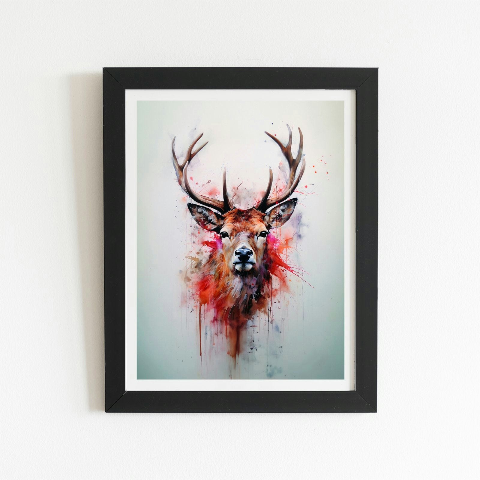 Rackhams Black Watercolour Splashart Stag Face Art Prints - 16" X 24" - Frame