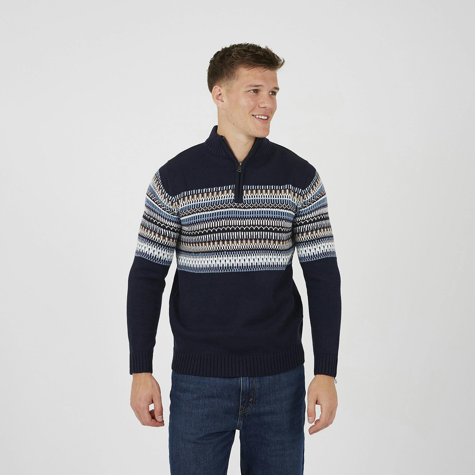 Brave Soul Quarter Zip Fair Isle Jumper - Navy - Navy - Xxl