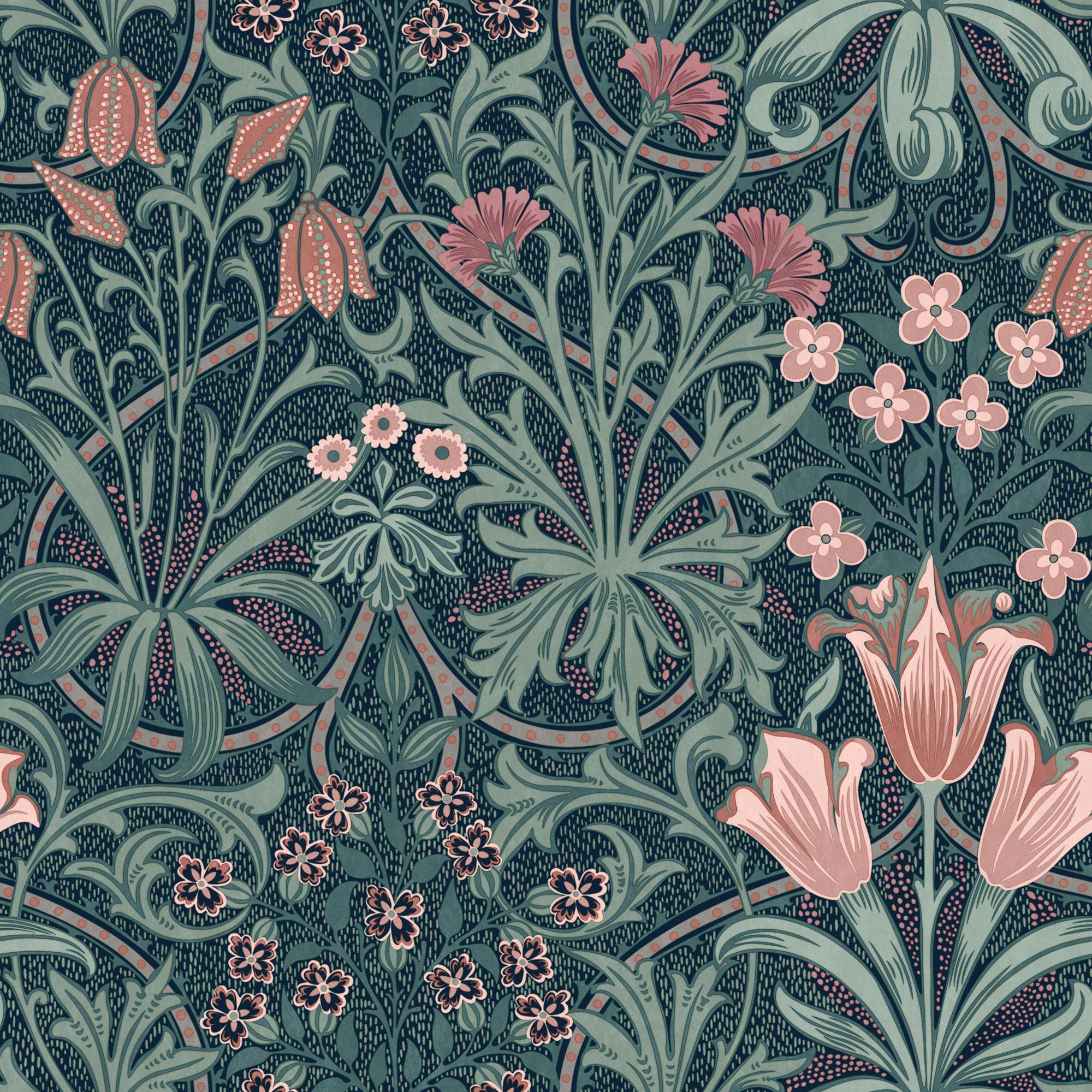 William Morris At Home Blue/Peach/Green Woodland Weeds Wallpaper | Midnight