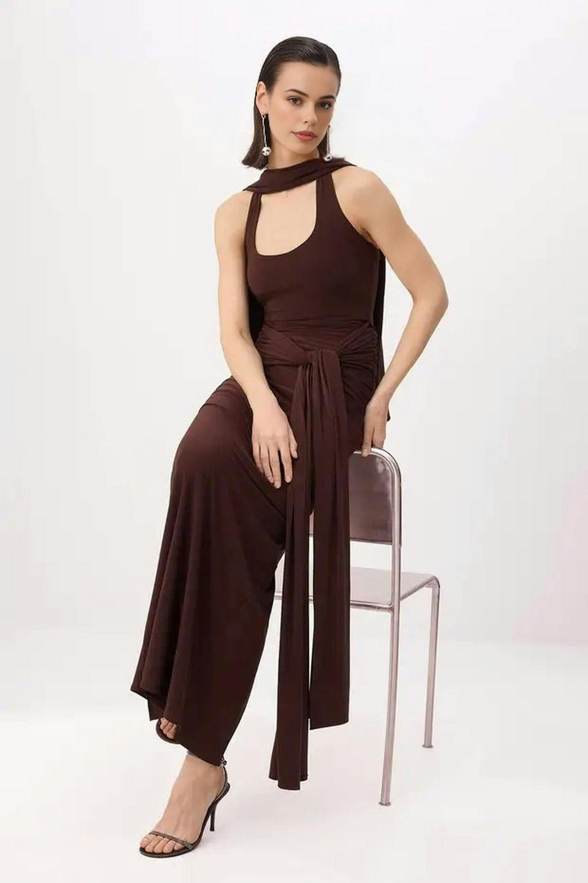 Wovcor Brown Fular Neck Tie Detail Maxi Dress - 10
