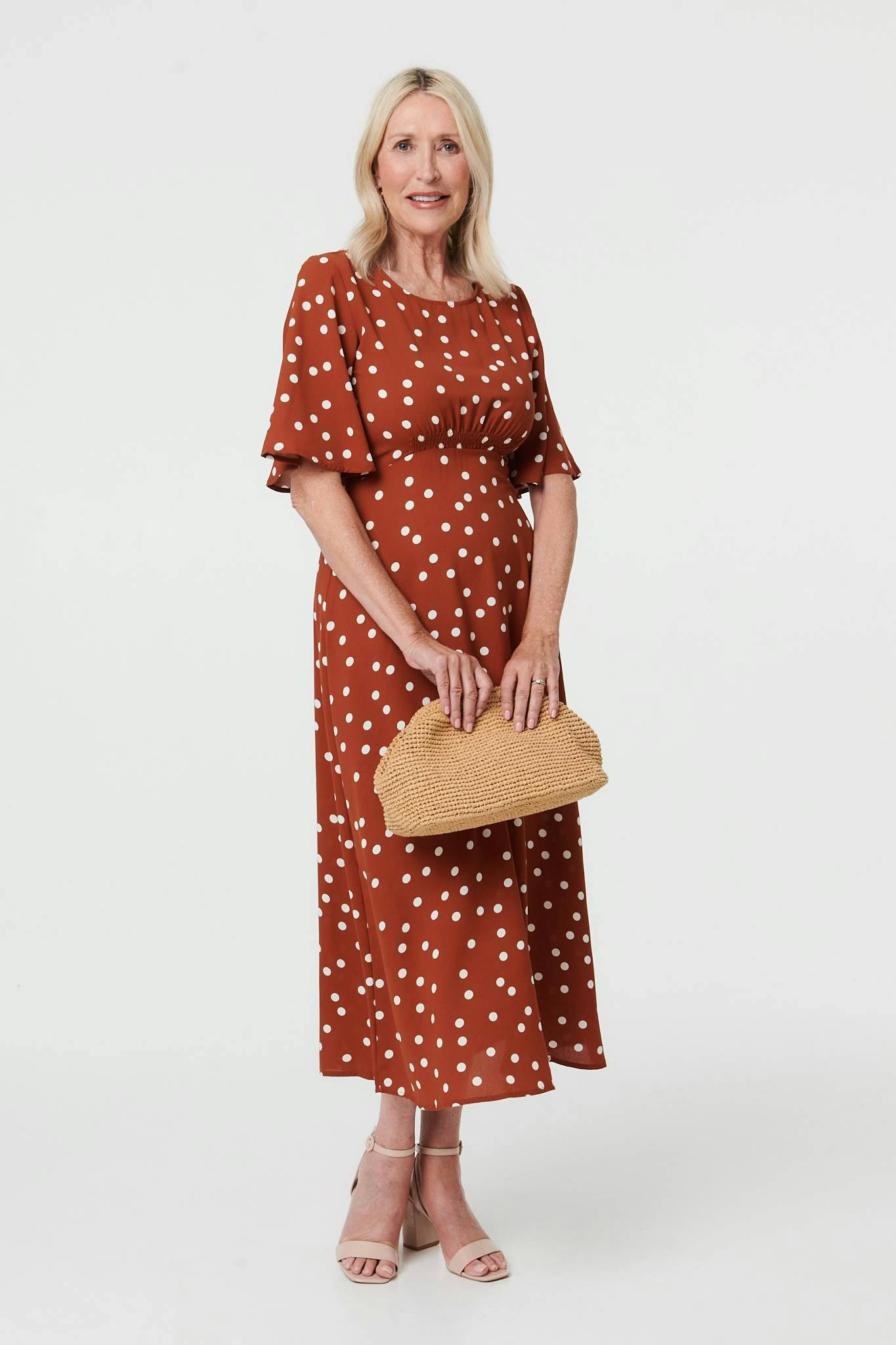 Izabel London Polka Dot 1/2 Sleeve Midi Dress - 8 - Rust