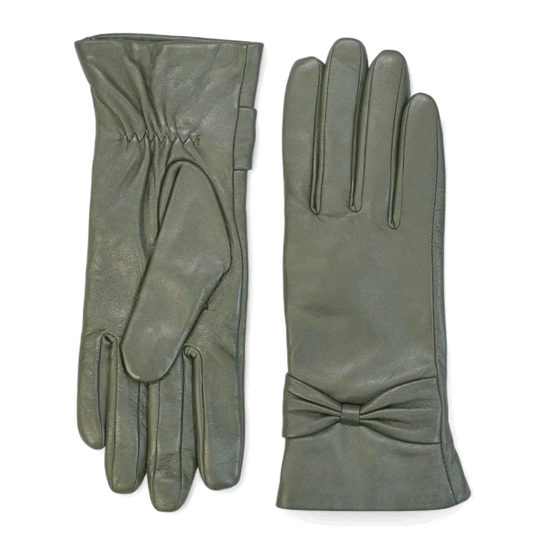Infinity Leather Women's Light Leather Wool Lined Bow Knot Accent Gloves - Olive - X-Large
