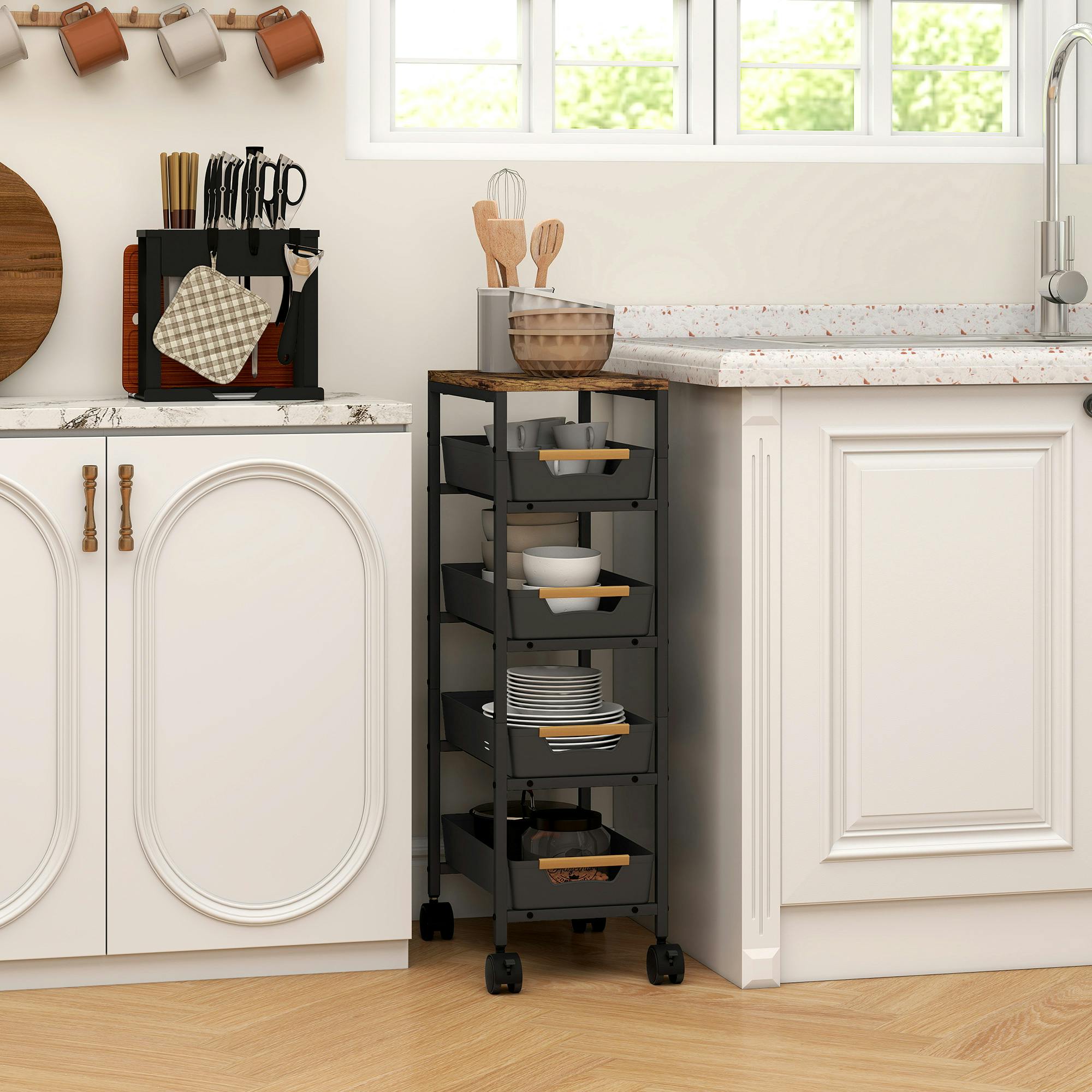 Rackhams Black/Brown Kitchen Storage Trolley Mobile Utility Cart For Kitchen Office - Rustic - 1 - Metal, Pp, Particleboard