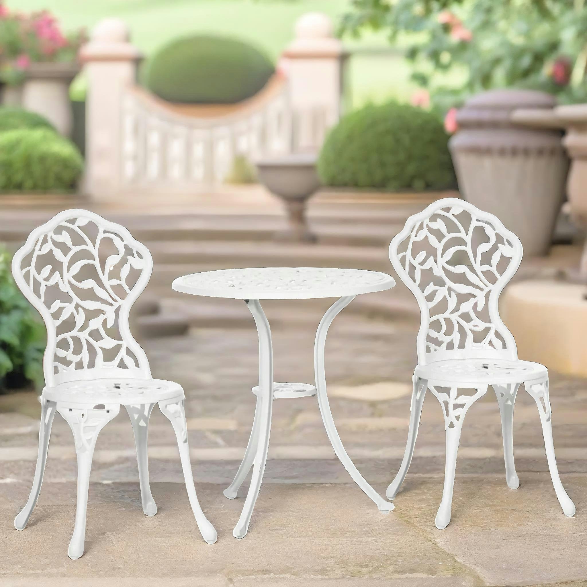 Rafaelo Mobilia White Set Of 3 Aluminium Petals Bistro Table And Chair