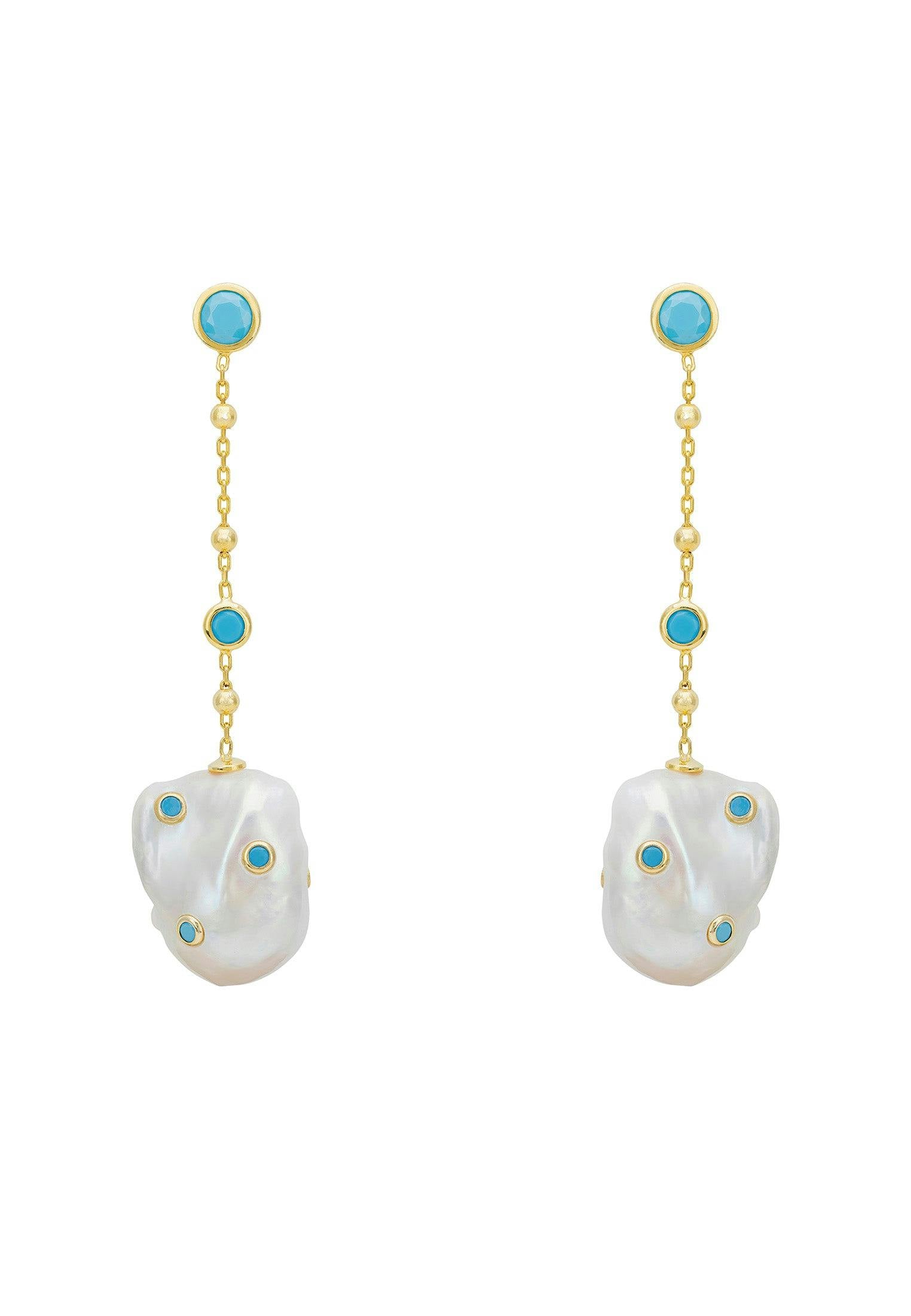 Latelita Gold/Turquoise Polka Dot Baroque Pearl Chain Drop Earrings