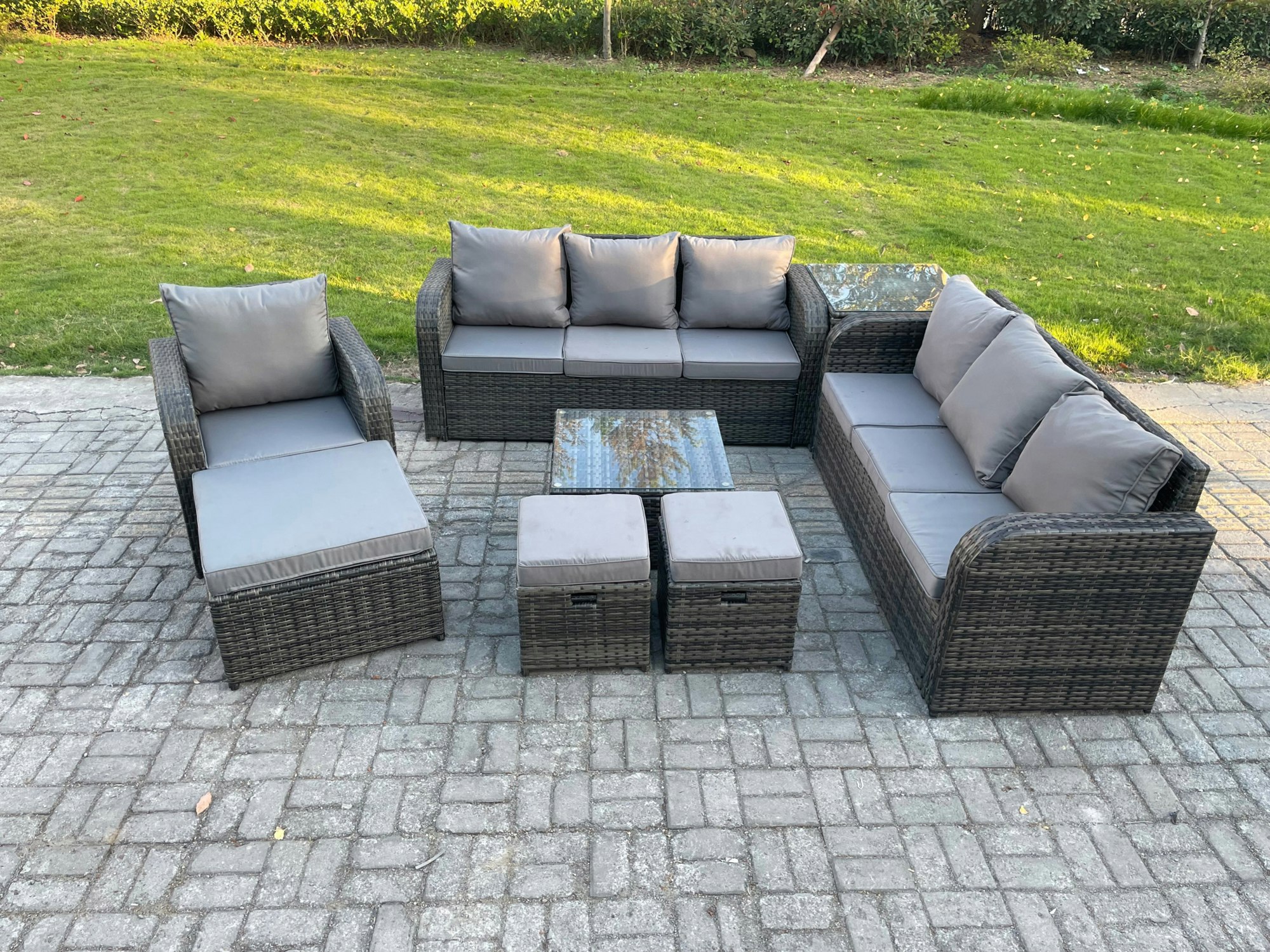 Fimous Dark/Grey 10 Seater Outdoor Rattan Garden Furniture Set Conservatory Patio Sofa Coffee Table With Reclining Chair 3 Footstools Side Table Mixed